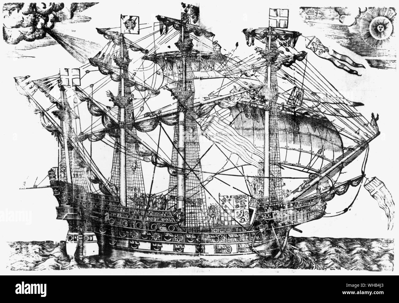 L'ammiraglia Inglese, la Ark Royal comandato da Loed Howard di Effingham, contro la Armada del 1588.. Incisione del XVI secolo la xilografia Foto Stock