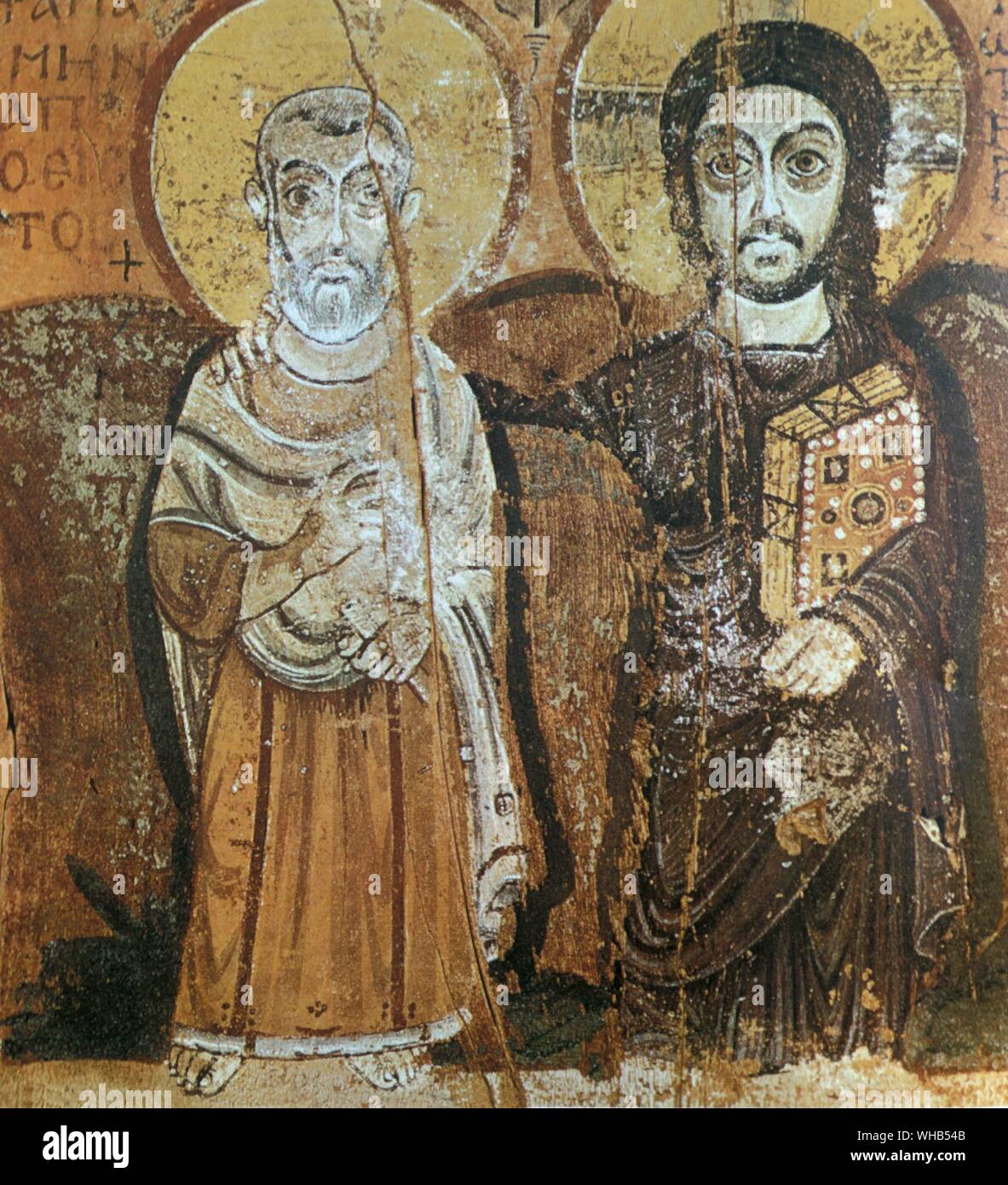 Icona raffigurante Abbott Mena con Cristo, da Baoiut, 6º-7secolo (tempura sul pannello) Icona - presentato a Cristo e tSt. Menas, Chi-Rho scritto a sinistra di HALO. - - Copto in Paris Louvre. Foto Stock