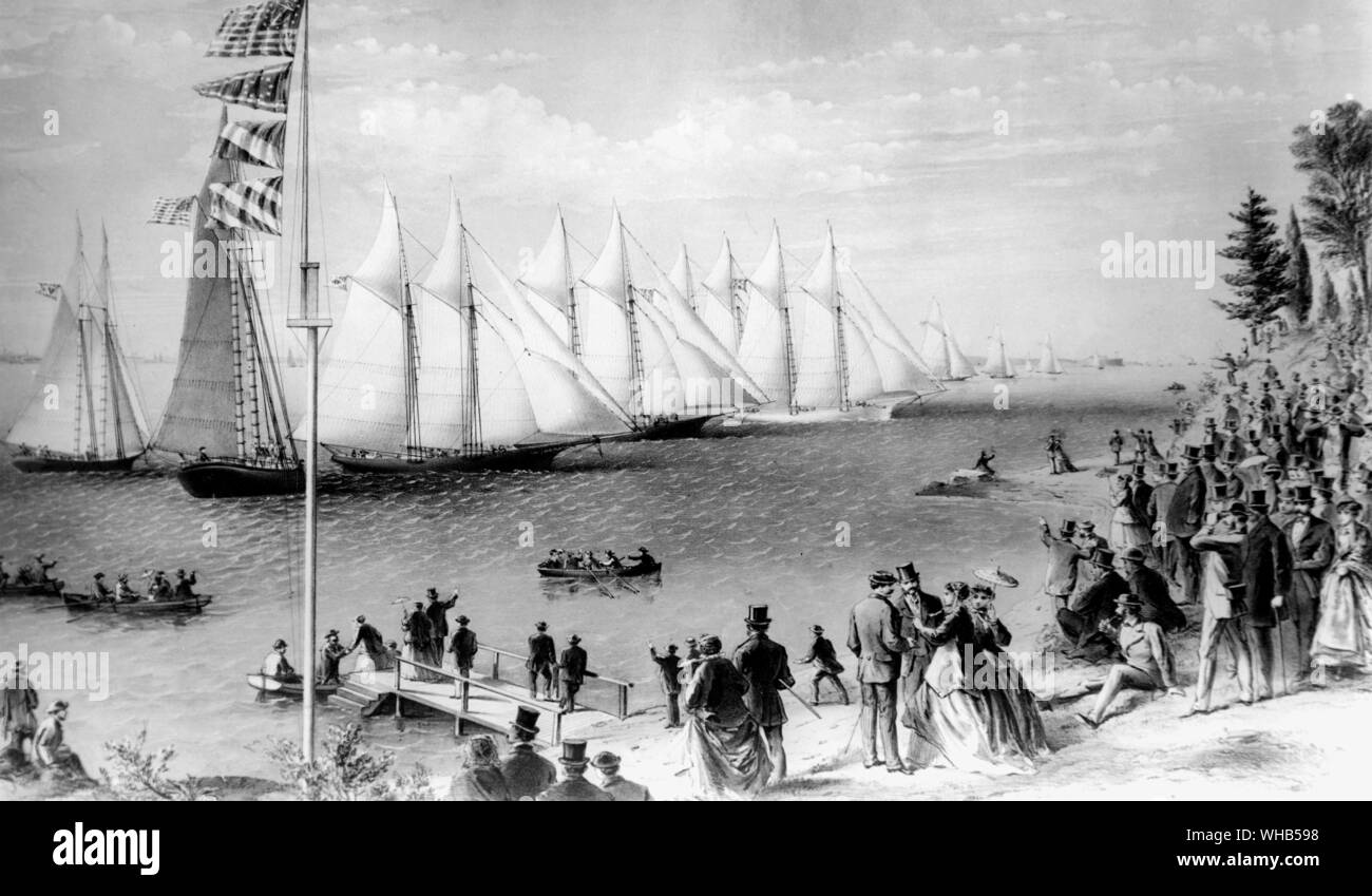 New York Yacht Club regata, 1869. Start dal gioco in barca il Narrows off Staten Island.. Litografo, Currier & Ives. Artisti: Parsons & Atwater Foto Stock