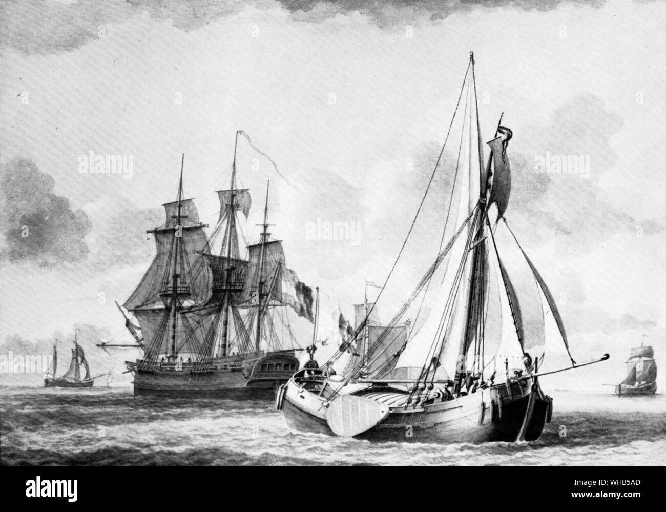 Un East Indiaman e un accendino ( kaag ) , nel backgrouns un kof , una nave con ferrie rig e un hooker : Lavare disegno da P A Blaauw 1744 - 1808 Foto Stock