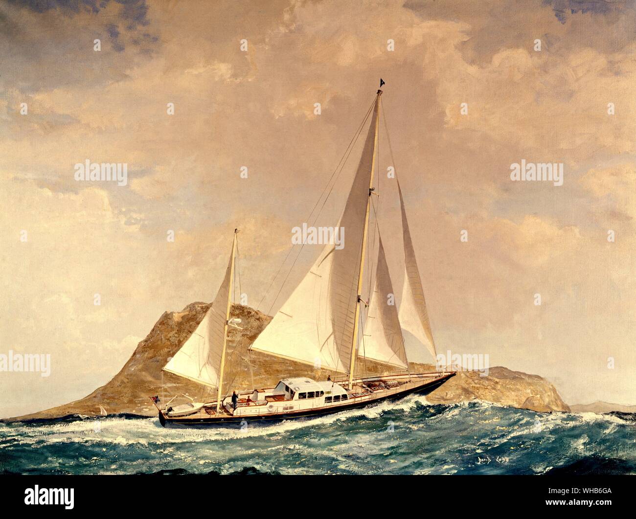 Motor-sailer Blue Leopard, uno dei più adanced yachts del suo tipo, di luce e di spostamento ad alta potenza, motori con prestazioni di alto livello sia sotto vela e motore - pittura da David Cobb. Foto Stock