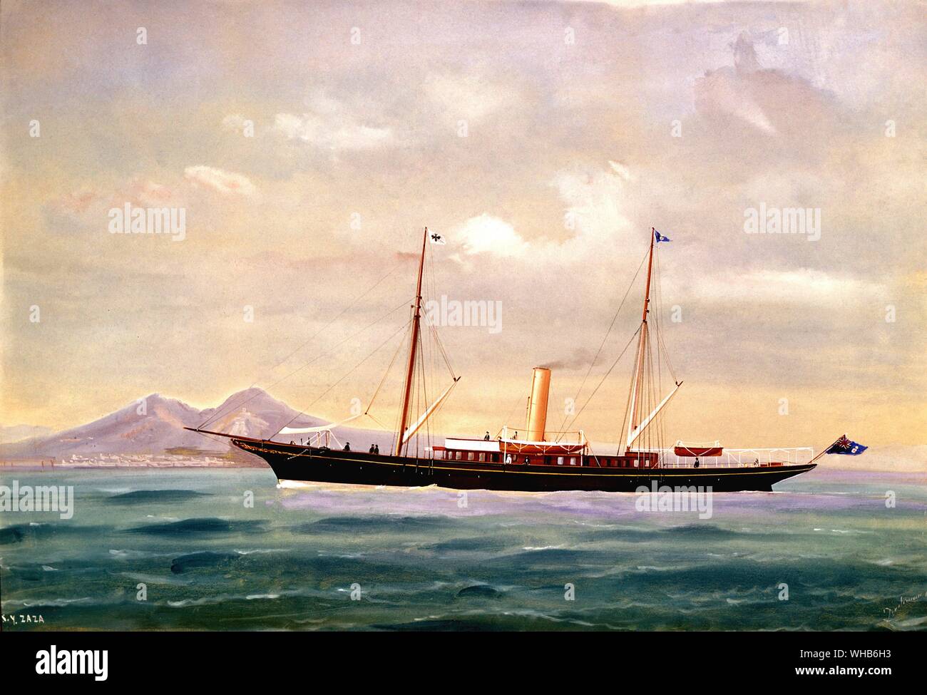 Steam Yacht Zaza nella baia di Napoli - pittura da Roberto.. Foto Stock