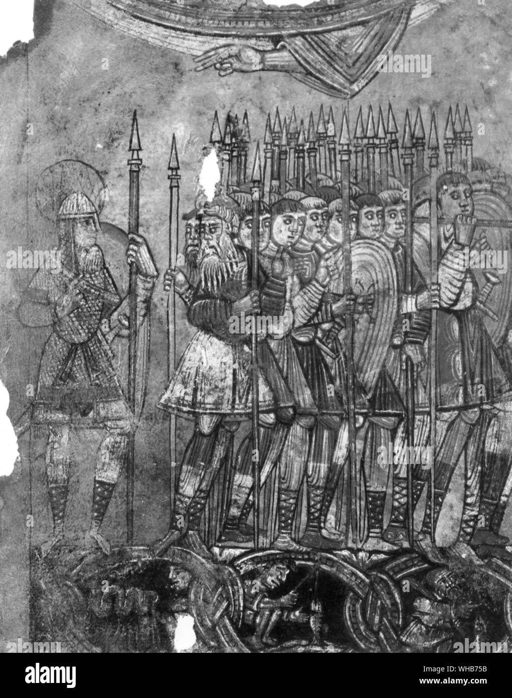 Manoscritto latino che mostra le truppe cristiane voce per le crociate in "Terra Santa". Foto Stock