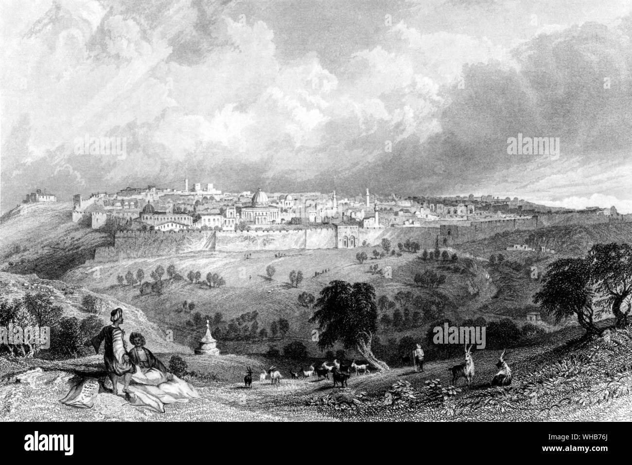 Xix secolo incisione di una vista di Gerusalemme vista dal Monte degli Ulivi Foto Stock