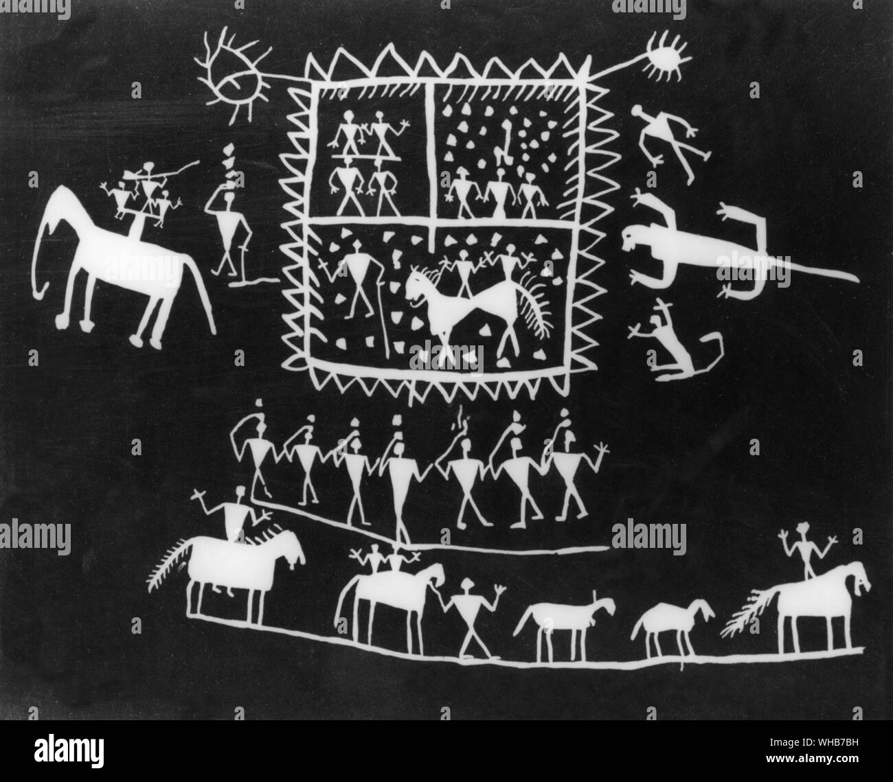 Pittura murale dettate dall'uomo morto al suo coniuge vivente per il beneficio delle sue colture . I morti in India hanno una intima connessione con le colture. A Mannemgolu al momento del prelievo del seme nel 1944 il fantasma di un uomo chiamato Jamburu ha visitato la sua vedova in un sogno. Egli istruì il suo a tracciare un quadro della sua casa e possedimenti nella terra dei morti al fine di salvaguardare la sua colture. Foto Stock