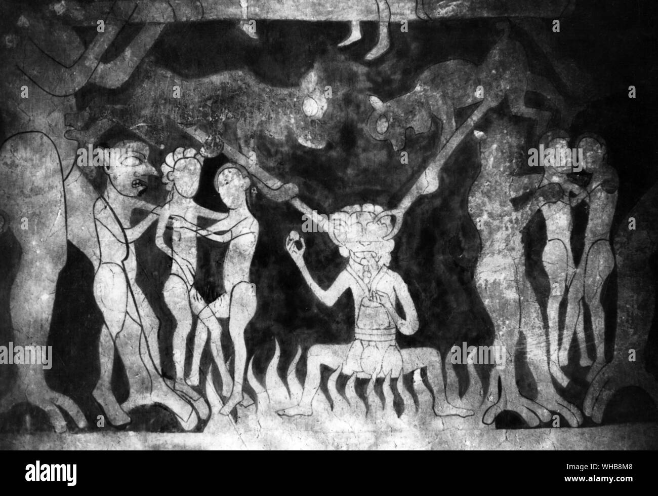 Rainbird arte - Arte Murale da San Pietro e San Paolo Chiesa in Chaldon. Originariamente Saxon, è stato menzionato nel libro di Domesday.. La foto mostra una sezione (in basso a destra) dalla scala della salvezza dell'anima umana e la strada verso il cielo.. Data, circa 1200. Scoperto nel 1870. . Foto Stock