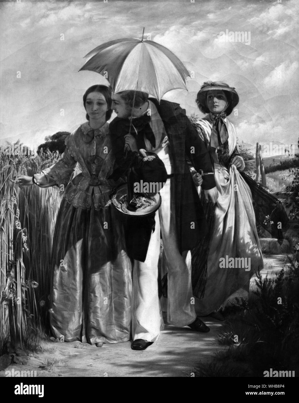 Mostra una preferenza, . Dipinto di John Horsley Callcott RA firmato 1860. Olio su tela. Un giovane ufficiale della marina accompagnatrici due giovani donne attraverso un cornfield. Egli favorisce l'uno sulla destra e trascura gli altri. Un vittoriana di pittura di genere.. Foto Stock