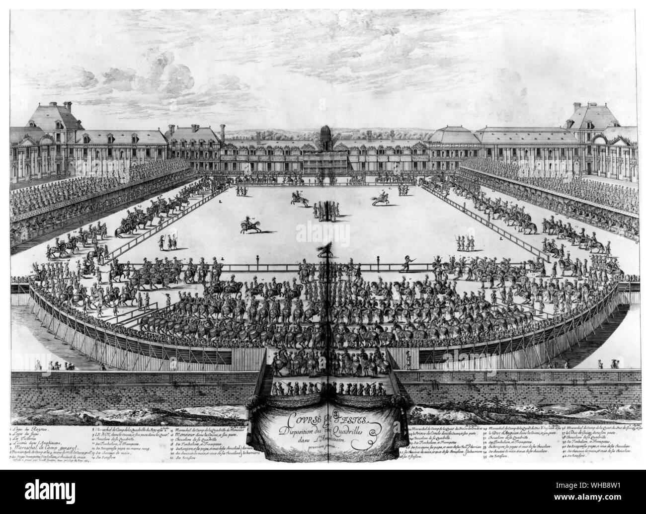 Vita quotidiana - Corsi de testicoli et de Bague. Questo era un torneo tenutasi dal Re di Francia Luigi XIV nel 1662. Il torneo ha visto la partecipazione di 5 squadre o è possibile vedere sfilare le quadriglie, ognuna delle quali rappresenta una delle cinque grandi nazioni: i Romani (led dal Re stesso), Persiani, i turchi, gli indiani e i selvaggi americani.. La piazza antistante il palazzo delle Tuileries fu scelto, a causa della sua dimensione e del suo essere l'arena per il torneo. . Foto Stock