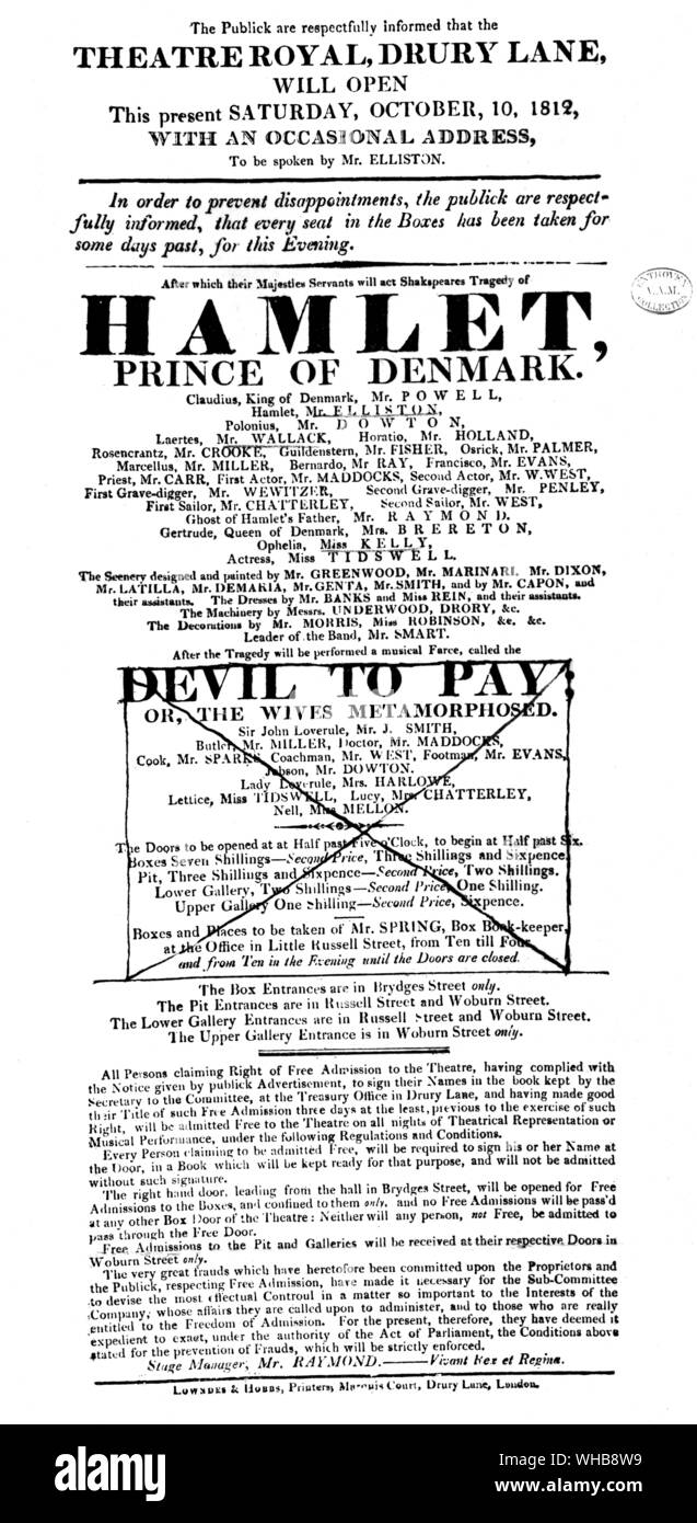 Theatre Royal Drury Lane Amleto Principe di Danimarca - locandina in occasione della riapertura del Theatre Royal Drury Lane, 10 Ottobre 1812 - Al Victoria and Albert Museum di Londra.. Foto Stock