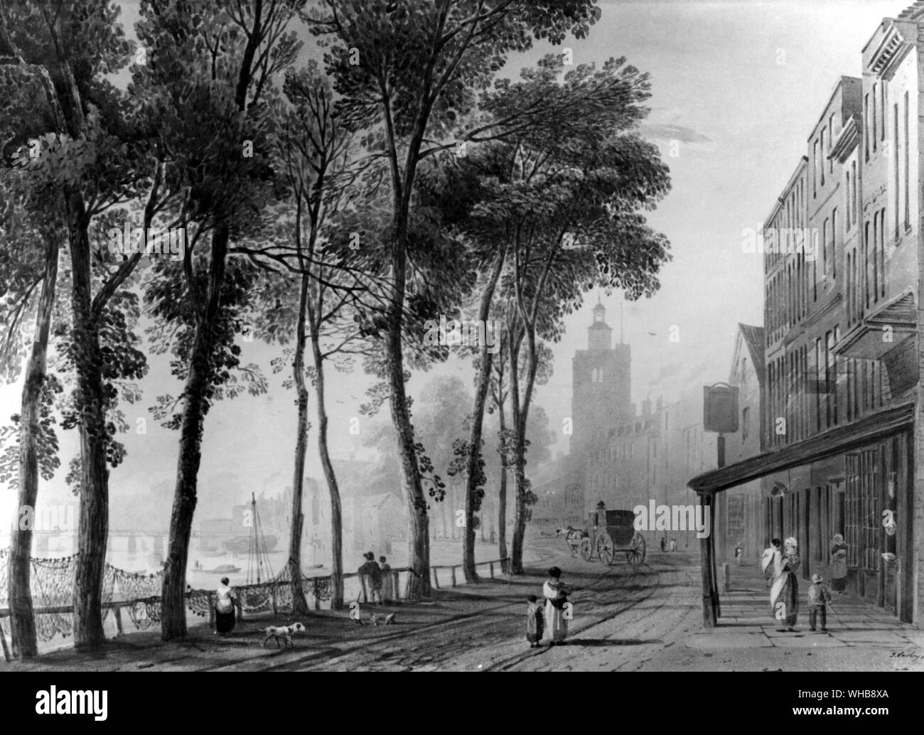 Cheyne Walk, Chelsea, 1811, da John Varley - acquerello al Victoria and Albert Museum di Londra.. Foto Stock