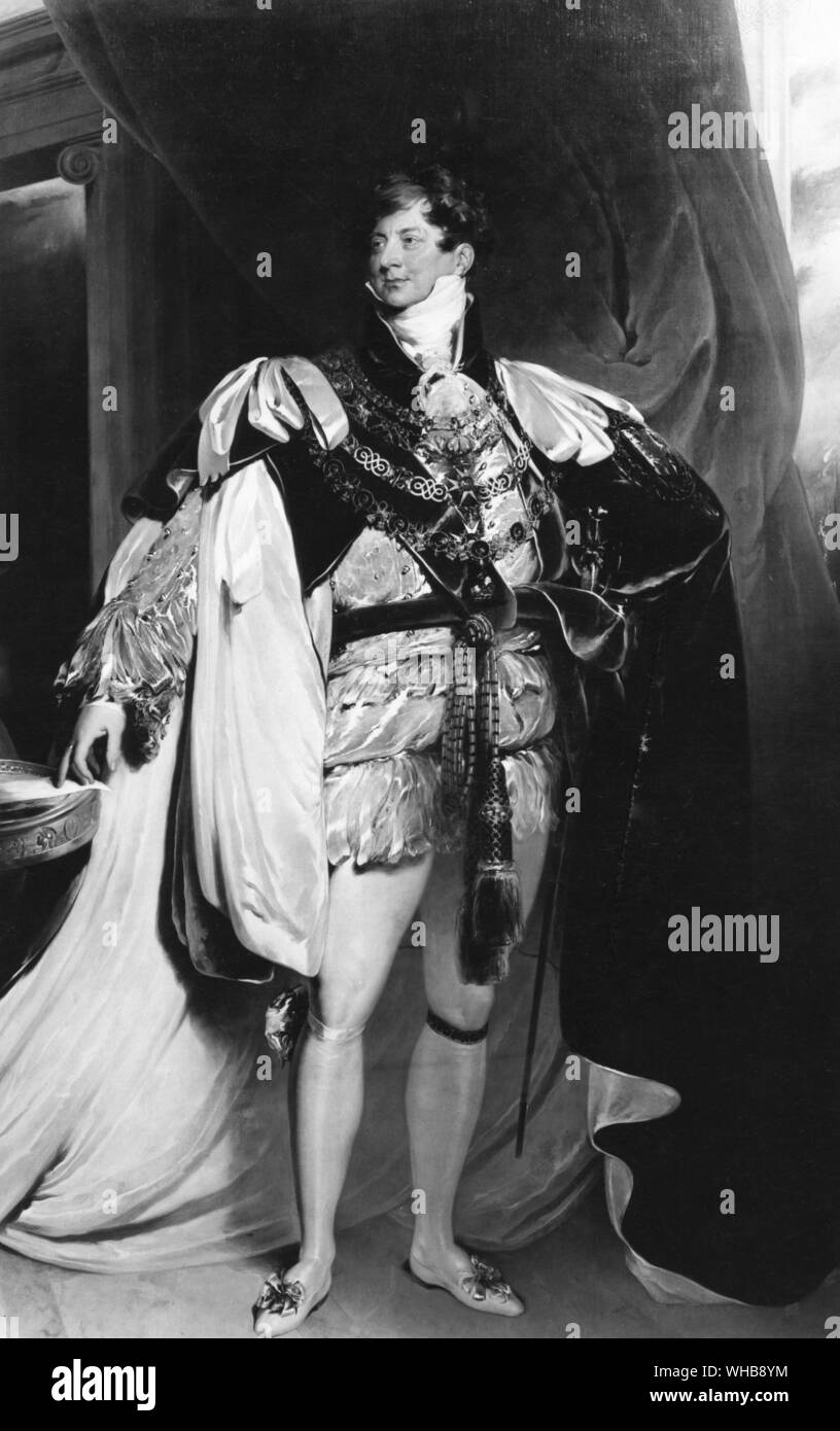 Il principe del Piacere - il principe Regent a Garter Robes 1819 da Sir Thomas Lawrence - George IV (George Augustus Frederick 12 Agosto 1762 - 26 giugno 1830) era il re del Regno Unito di Gran Bretagna e Irlanda e di Hannover dal 29 gennaio 1820 fino alla sua morte. Egli ha in precedenza servito come il Principe Reggente quando suo padre ha sofferto a causa di una ricaduta nella follia da una malattia esistente. La reggenza, George nove anni di permanenza come Prince Regent, iniziato nel 1811 e si è conclusa con la morte del padre nel 1820 è stato segnato dalla vittoria nelle guerre napoleoniche in Europa.. Foto Stock