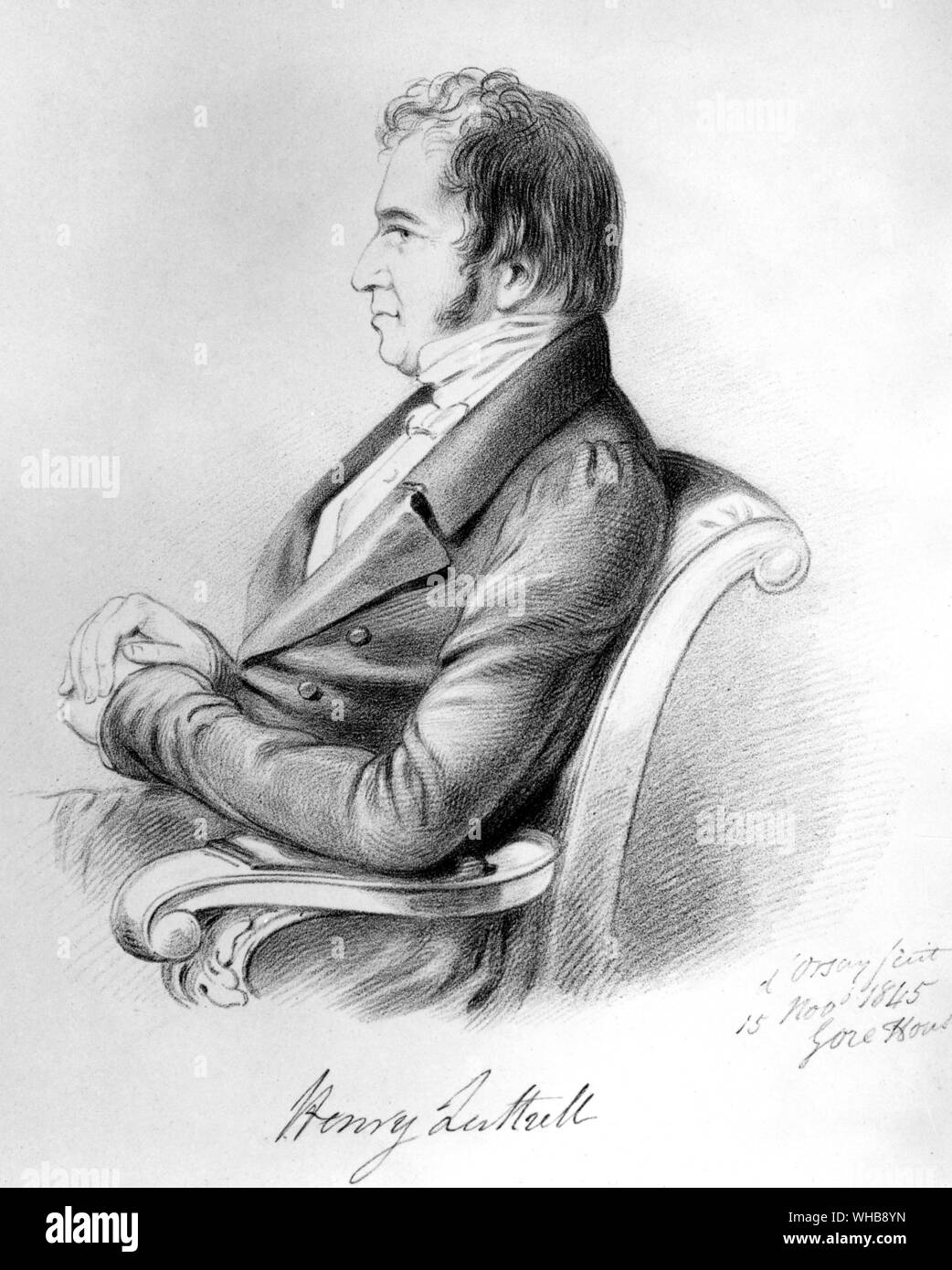 Henry Luttrell, 1845, dopo il Conte d'Orsay - incisione nel British Museum di Londra (sala stampa) (J. R. Freeman) - Henry Luttrell (c. 1765 - 19 dicembre 1851), era un fumetto in inglese e scrittore della società versetto. Egli era il figlio illegittimo di Henry Lawes Luttrell, 2° Conte di Carhampton. Henry Luttrell fissato un sedile nella Irish House of Commons nel 1798 e un post che il governo irlandese, che ha commutato per una pensione. Introdotto nella società di Londra, il suo spirito ha fatto di lui il popolare. Ben presto egli cominciò a scrivere versi in cui le fissazioni dei del quartiere alla moda di persone sono state delineate.. Foto Stock