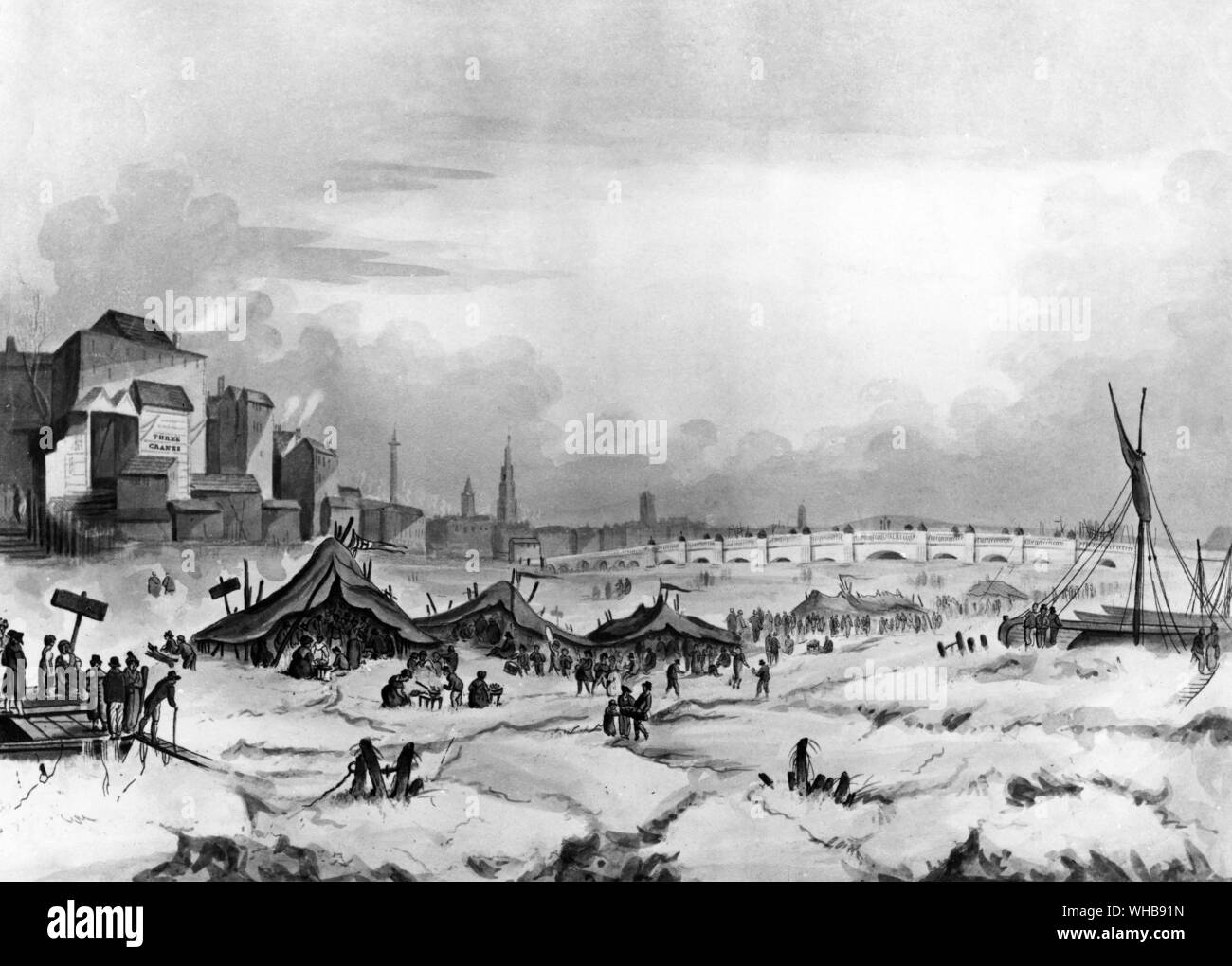 Vista sul Tamigi off tre gru Wharf quando congelato 31 Gennaio al 5 Febbraio 1814 - mezzatinta - Kensington Palace di Londra.. Foto Stock