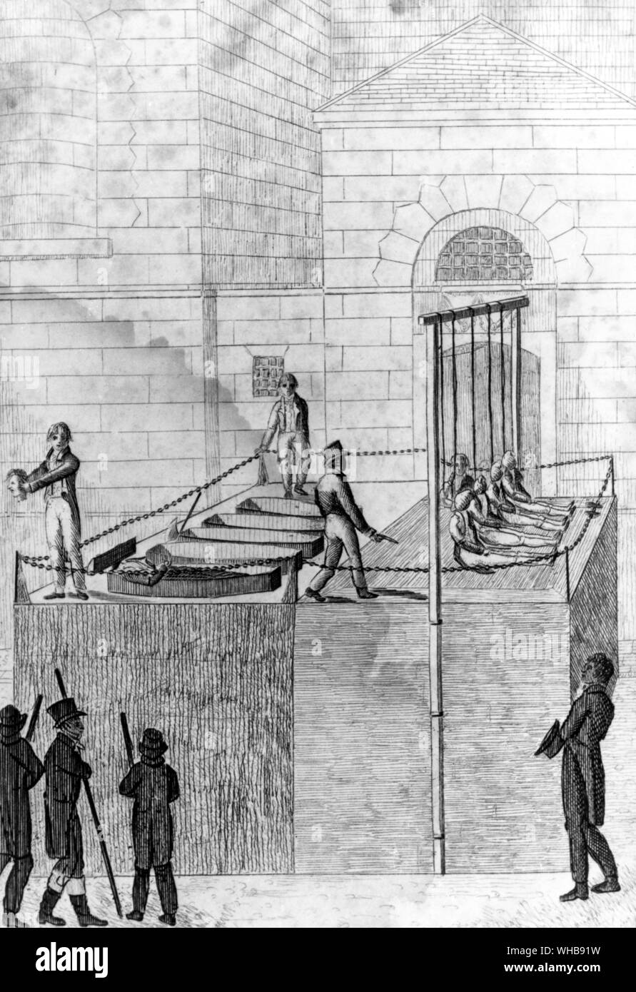 L'esecuzione del Cato Street Cospiratori - 1 Maggio 1820 da una incisione al Kensington Palace di Londra. Il previsto assassinio dell'intero gabinetto.. Foto Stock