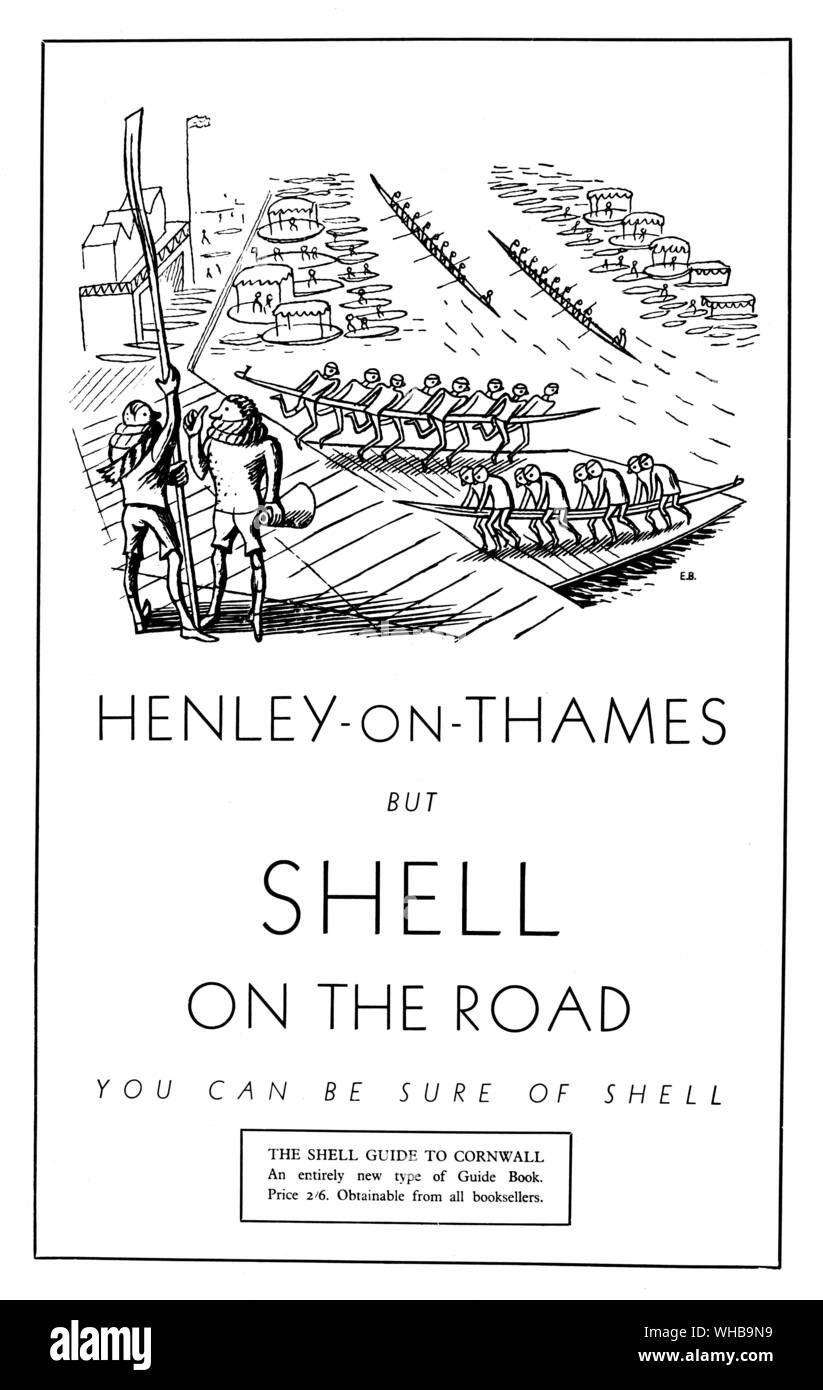 Cartoon - Pubblicità Henley-on-Thames ma Shell sulla strada - Si può essere sicuri di Shell - Shell Guida alla Cornovaglia. Foto Stock