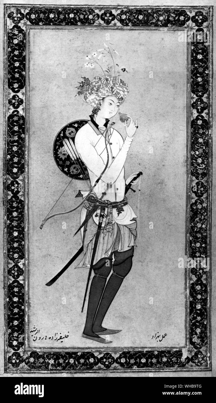Un giovane soldato odore di profumo : da un Timurid minuziosa dei primi del XVI secolo Foto Stock