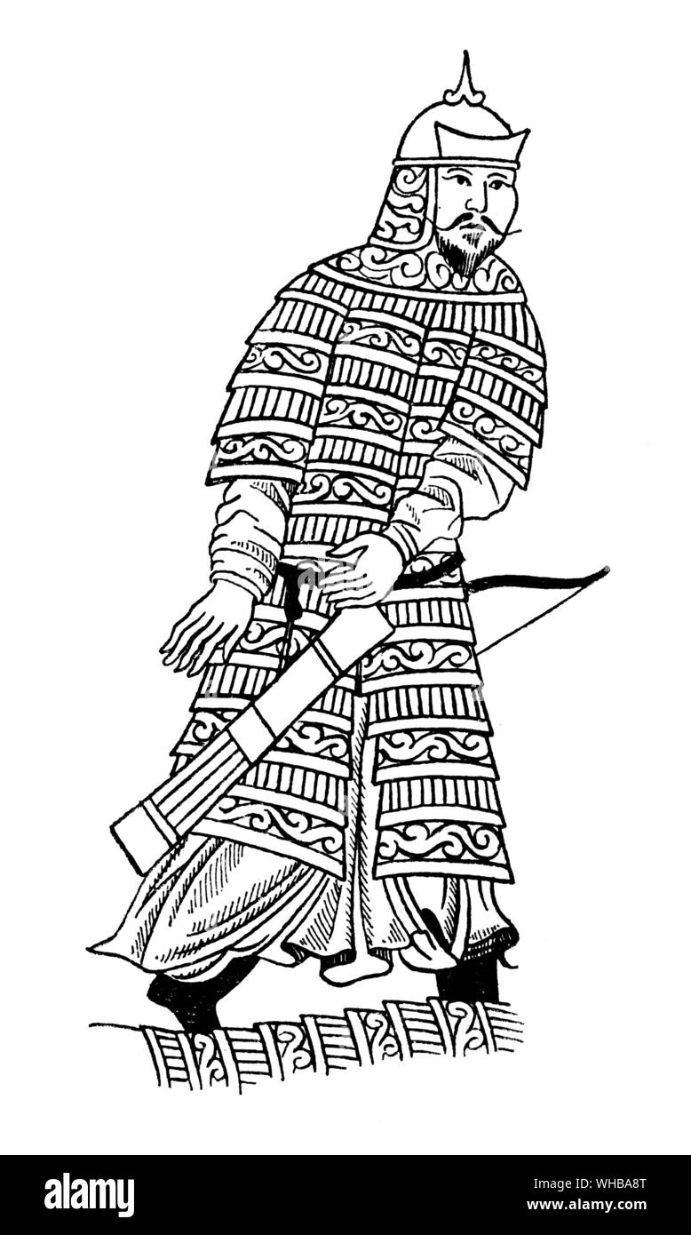 Un guerriero mongolo indossando un cappotto di corazza stratificata Foto Stock