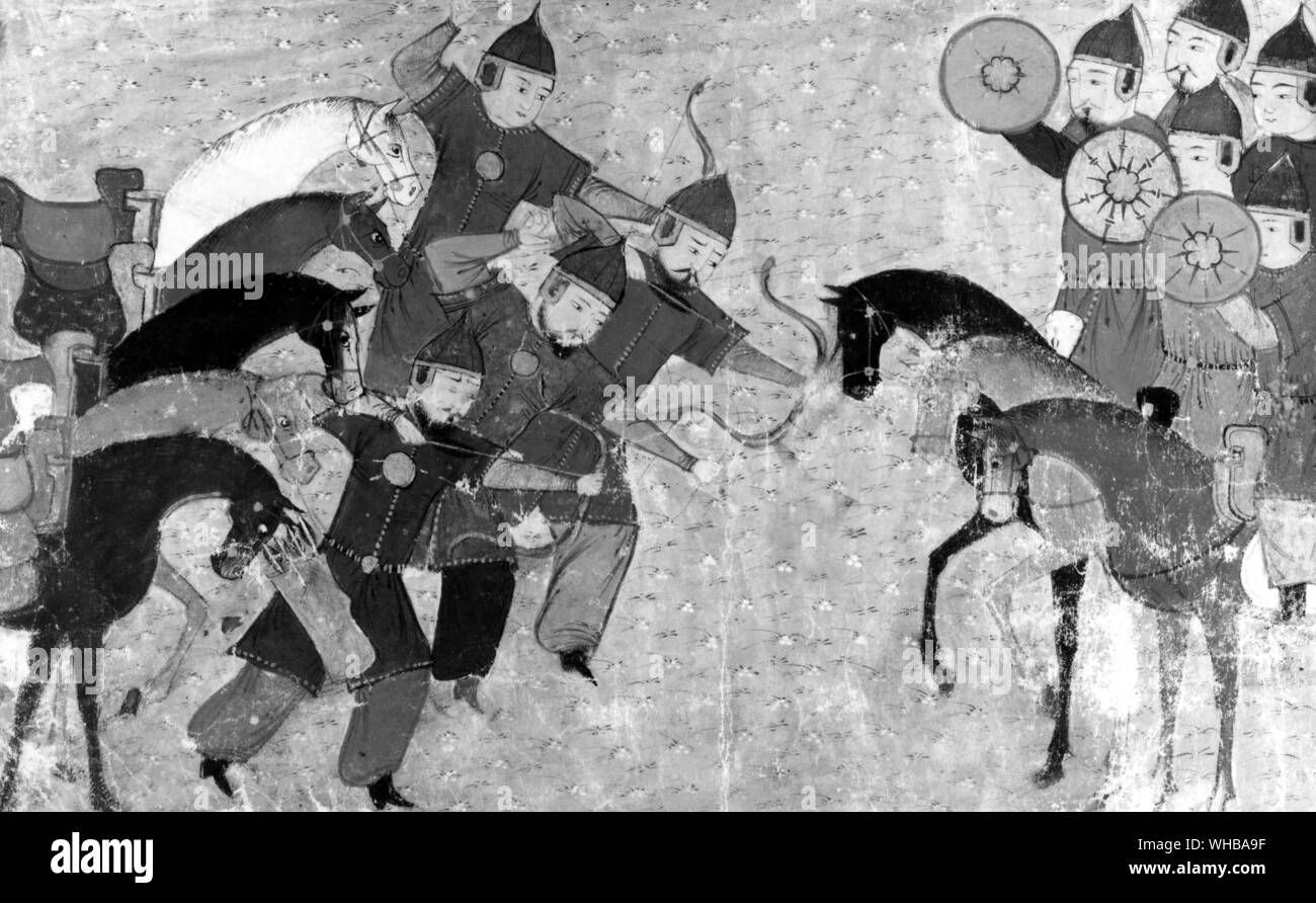 Gli eserciti di Genghiz Khan e Jelal ad-Din faccia a faccia in battaglia : dal XIV secolo manoscritto persiano da Rashid ad-Din. Foto Stock