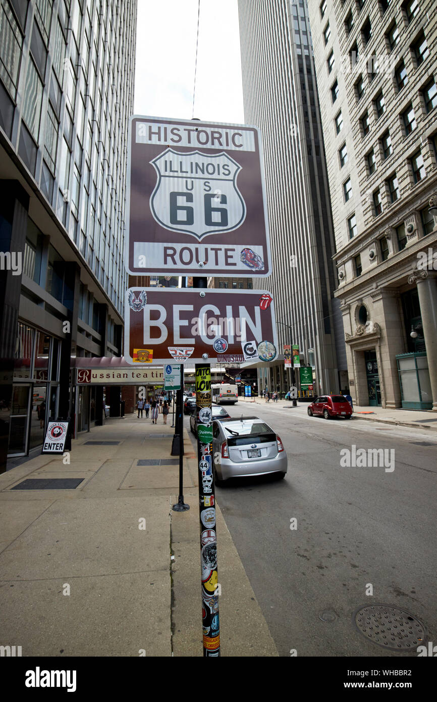 Inizio del percorso 66 segno su east adams street il loop di chicago, illinois, Stati Uniti d'America Foto Stock