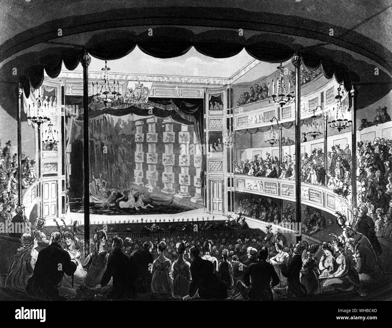 Incisione di il teatro Sadlers Wells mostra footlights 1809. Da Pugin e Rowlandson Foto Stock