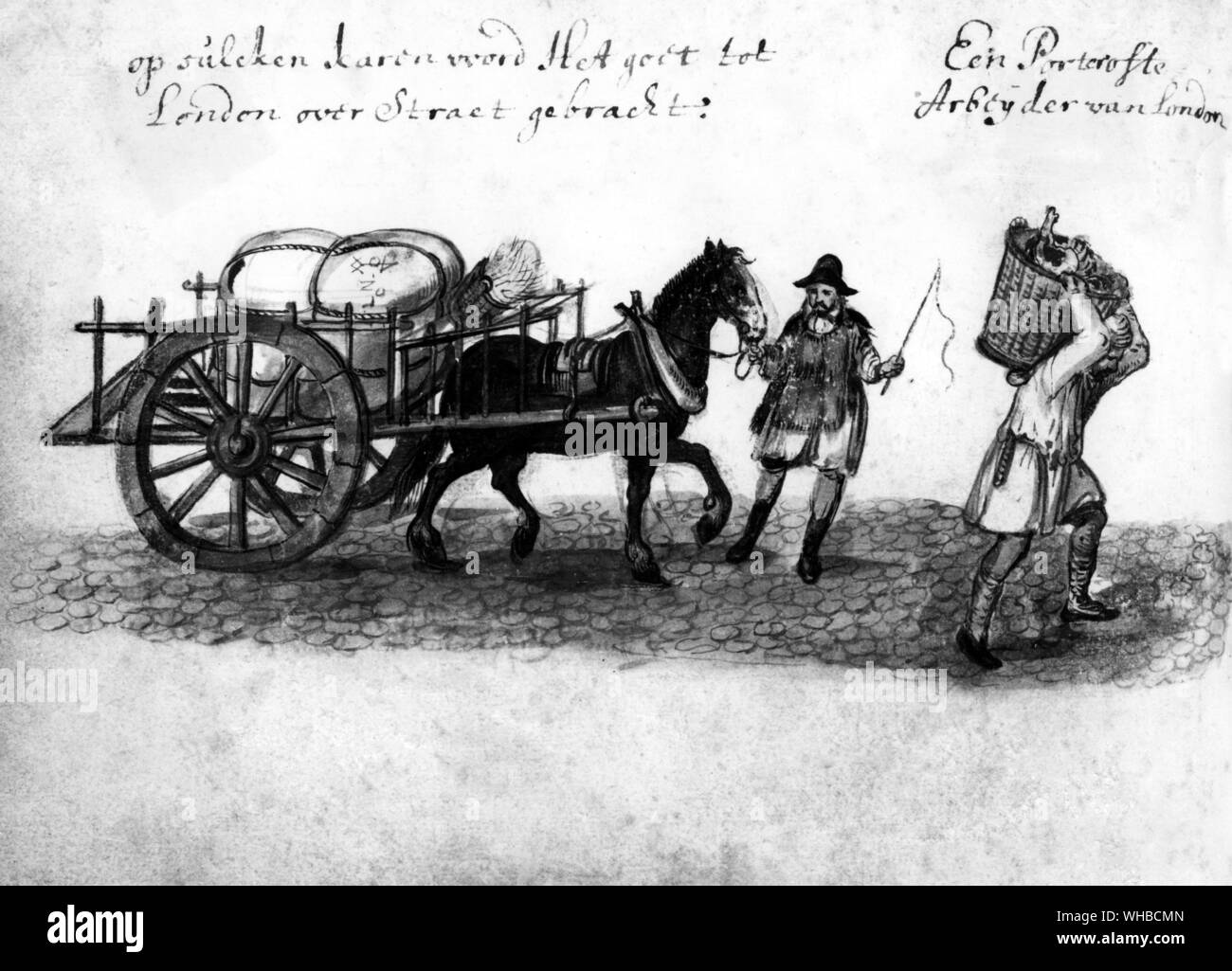 Disegno dal bozzetto libro di Van Meer , olandese in visita a Londra , c 1614 : le grida dei commercianti e il blocco delle ruote su i ciottoli fatto di Londra una città di rumore Foto Stock