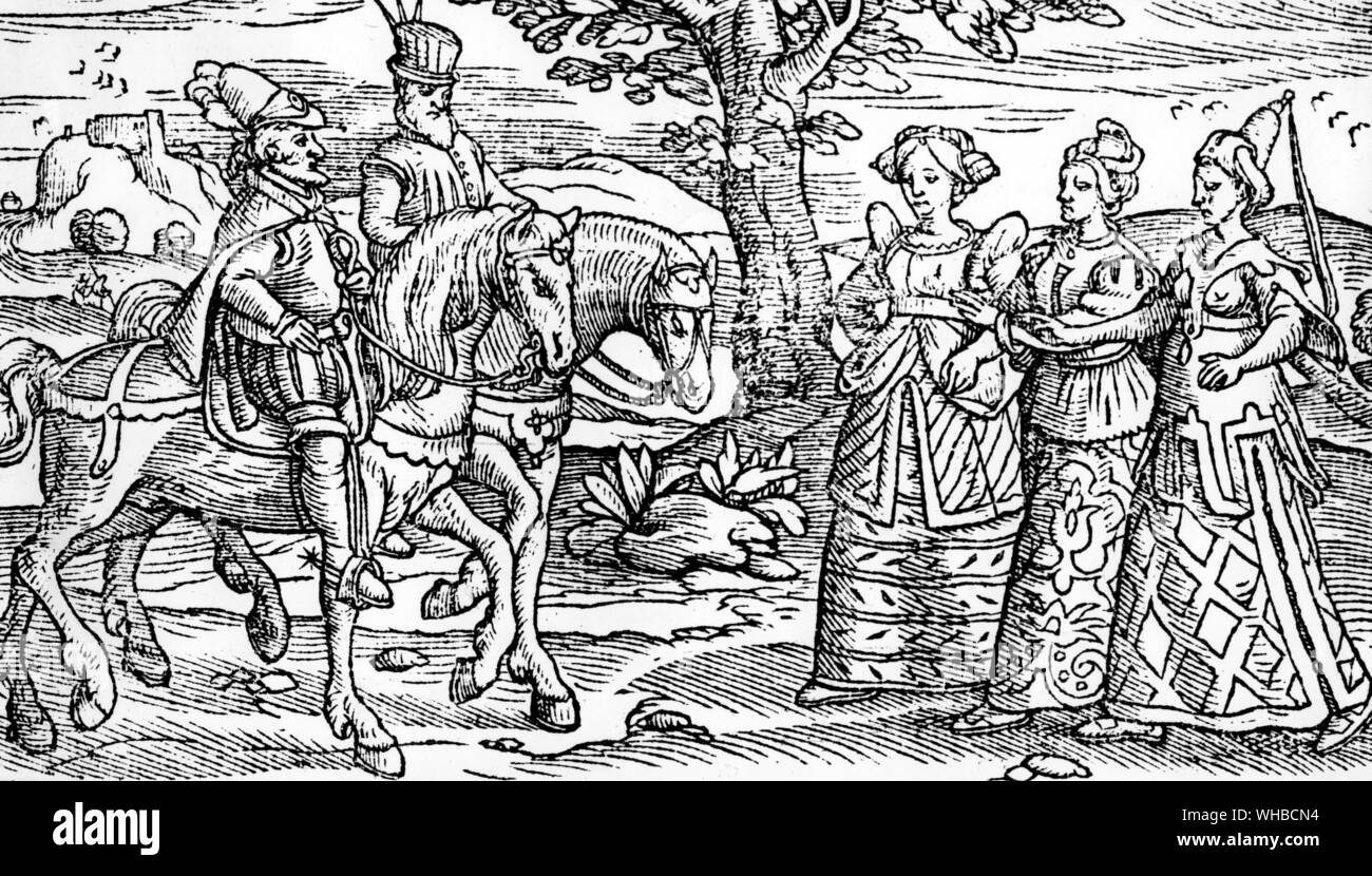 Xilografia nelle cronache di Inghilterra , Scozia e Irlanda , da Raphael Holinshed , 1577 : Macbeth - Tre streghe Foto Stock