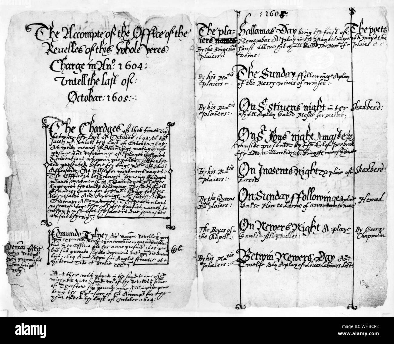Dal conto si compiace del 1604 - 5 , il drammaturgo Shaxberd era rappresentata a corte da sette giochi, di cui cinque titoli sono iscritti su questo foglio Foto Stock