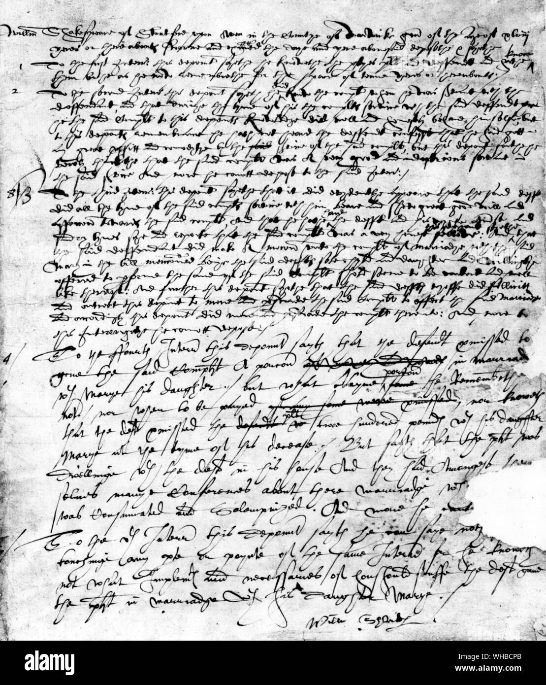 La linea di fondo e più egli non può deporre Shakespeare segni la sua deposizione nel caso di Belott v Mountjoy , 11 maggio 1612 Foto Stock