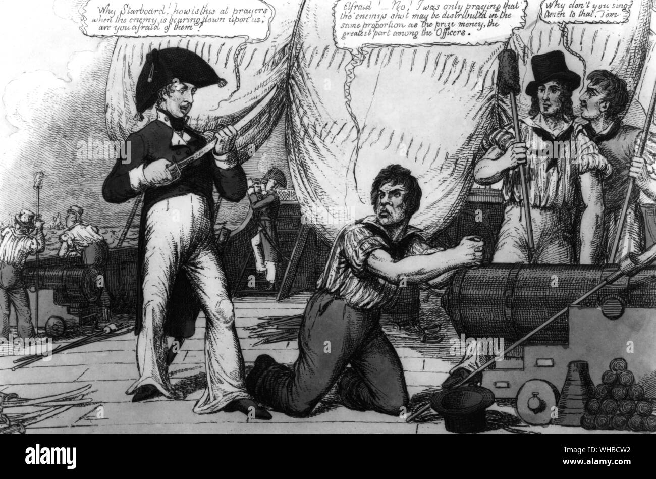 Cartoon coevi alla Battaglia di Trafalgar criticare i marinai dei bassi tassi di pagamento. Foto Stock