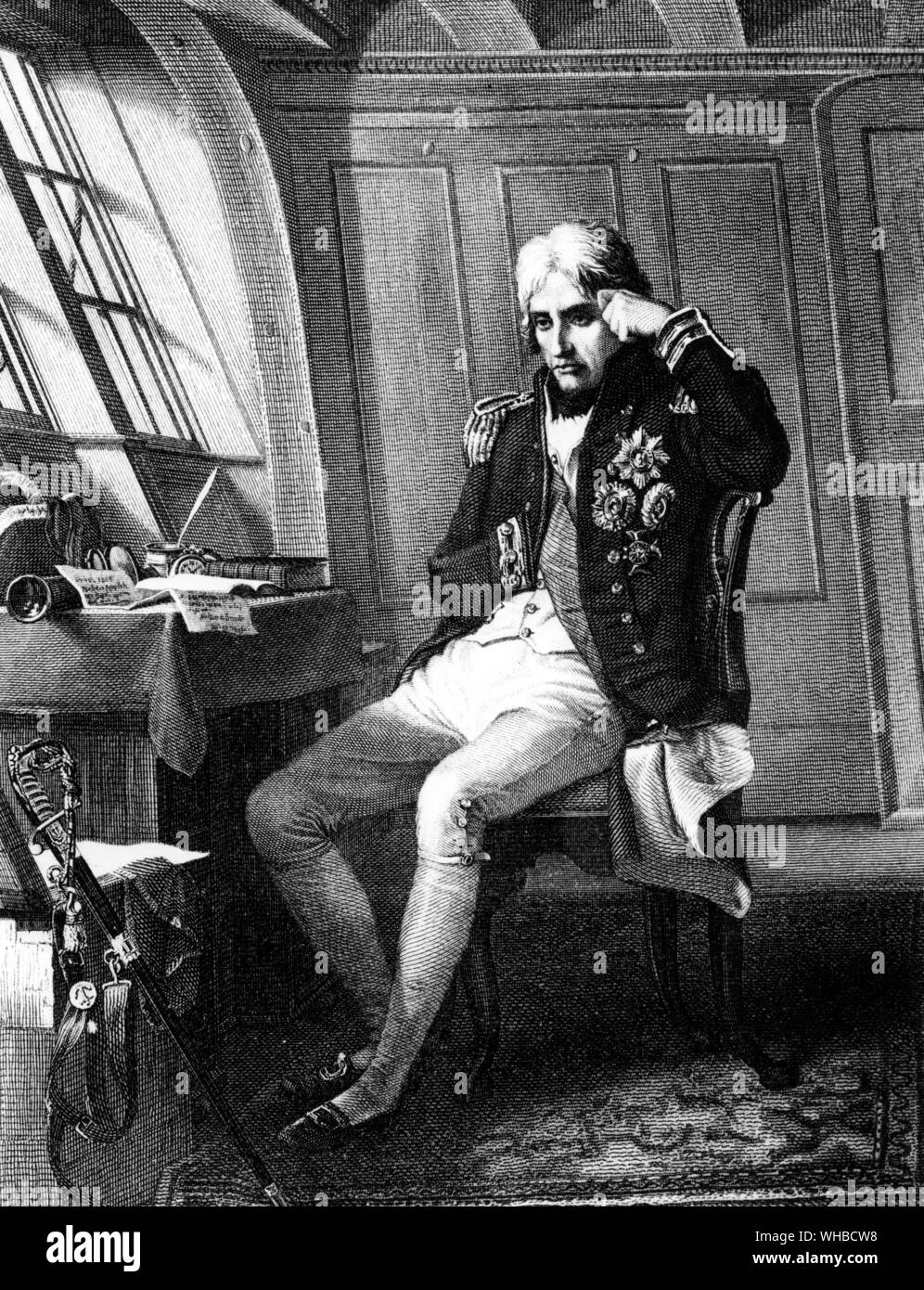 Lord Nelson guardando pensieroso nella sua cabina prima della battaglia di Trafalgar Foto Stock
