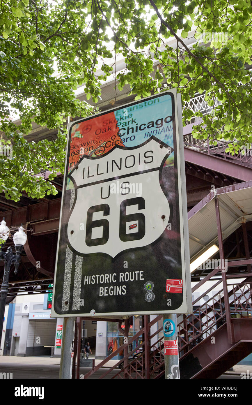 Route 66 segno percorso storico inizia il segno moderno su east adams street il loop di chicago, illinois, Stati Uniti d'America Foto Stock