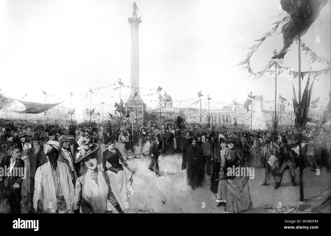 La regina Victoria - Giubileo di Diamante - celebrazioni giubilari in Trafalgar Square e il 21 giugno 1887 - acquerello di Dudley Hardy.. Victoria (Alexandrina Victoria. 24 Maggio 1819 - 22 gennaio 1901) è stata la Regina del Regno Unito di Gran Bretagna e Irlanda dal 20 giugno 1837 e il primo Empress of India dal 1 maggio 1876, fino alla sua morte il 22 gennaio 1901. Il suo regno durò 63 anni e sette mesi, più lunga rispetto a quella di qualsiasi altro monarca britannico. La segretaria coloniale, Joseph Chamberlain, ha proposto che il Giubileo di Diamante essere realizzato un festival dell'Impero Britannico. I primi ministri di tutti i Foto Stock