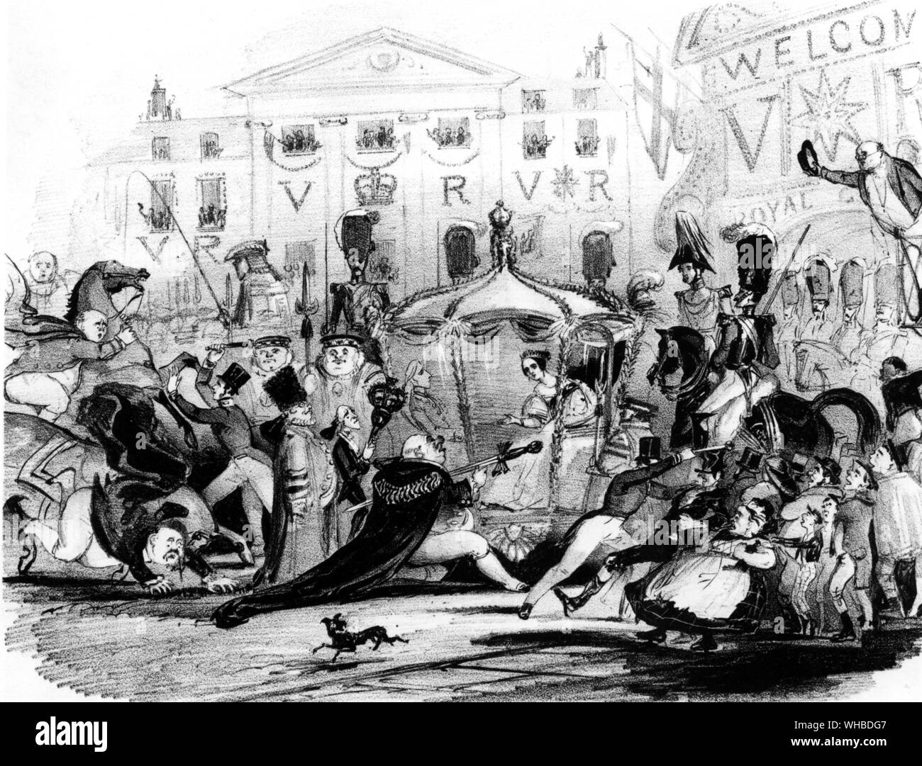 Il sig. Pickwick il conto della regina della visita alla città.. Sua Maestà la Regina Victoria's royal visita alla Guildhall sul signore sindaco il giorno 9 novembre 1837 (artista sconosciuto) - . Victoria (Alexandrina Victoria. 24 Maggio 1819 - 22 gennaio 1901) è stata la Regina del Regno Unito di Gran Bretagna e Irlanda dal 20 giugno 1837 e il primo Empress of India dal 1 maggio 1876, fino alla sua morte il 22 gennaio 1901. Il suo regno durò 63 anni e sette mesi, più lunga rispetto a quella di qualsiasi altro monarca britannico. . Foto Stock