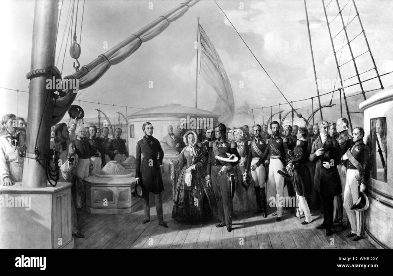 Incontro tra Louis-Philippe I e la Regina Victoria a Le Treport 2 settembre 1845.. La pittura di Auguste Francois Biard (1800-1882) - un genere francese pittore.. Nel settembre 1843 la Regina Victoria ha attraversato il Canale della Manica per la prima volta. La sua destinazione era Tréport in Francia nord-orientale, dove il Royal party è stata soddisfatta da Louis-Philippe, re dei Francesi. Da lì la regina è stata presa dalla strada per il Château d'Ue, il re del paese di residenza. Alla fine del suo soggiorno di cinque giorni al UE, Regina Marie-Amélie presentato Queen Victoria con un ventilatore, registrare l'arrivo sulla banchina in Tréport su Foto Stock