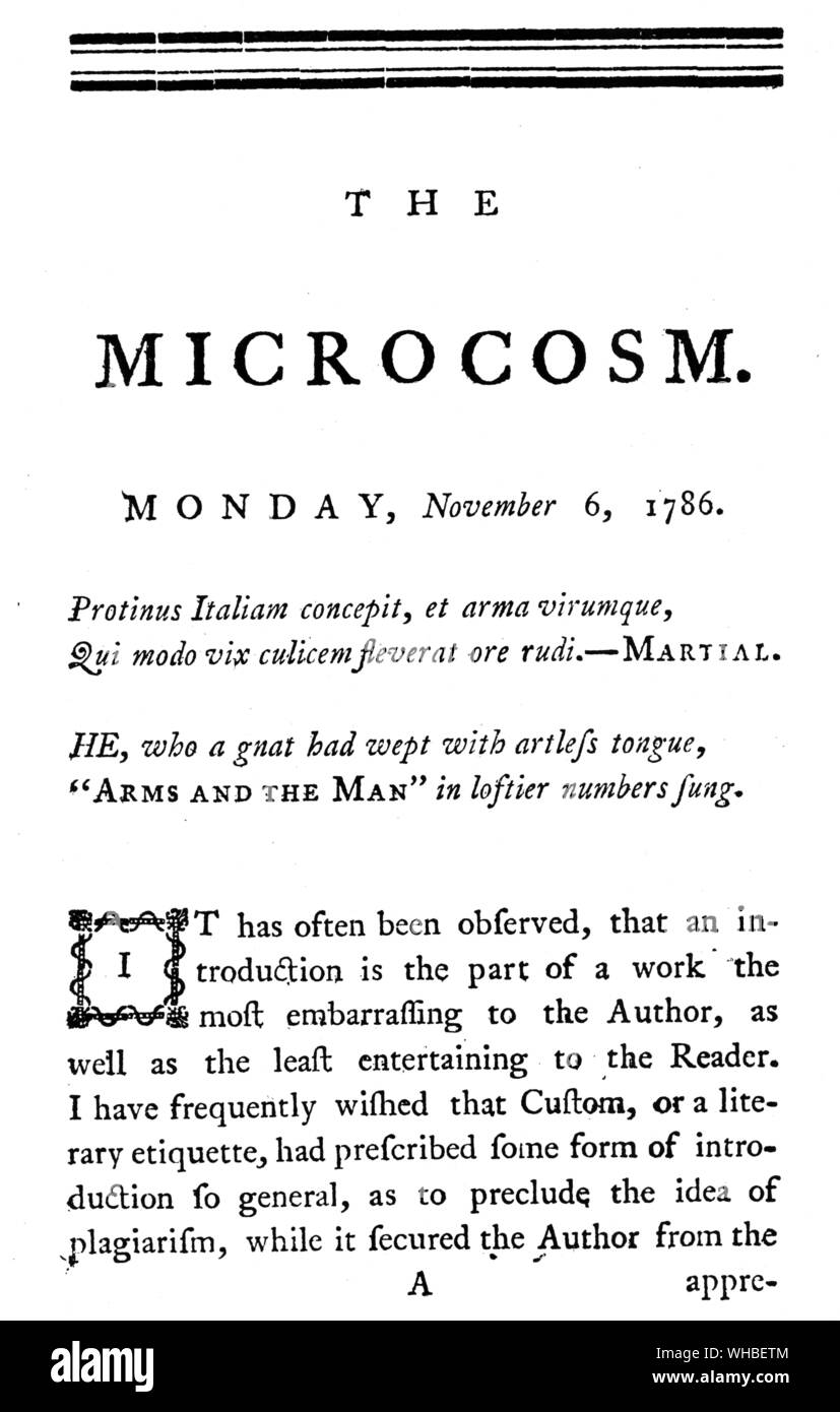 Pagina del titolo della prima Scuola Magazine (Eton) - Il microcosmo - Lunedì 6 novembre 1786. Foto Stock