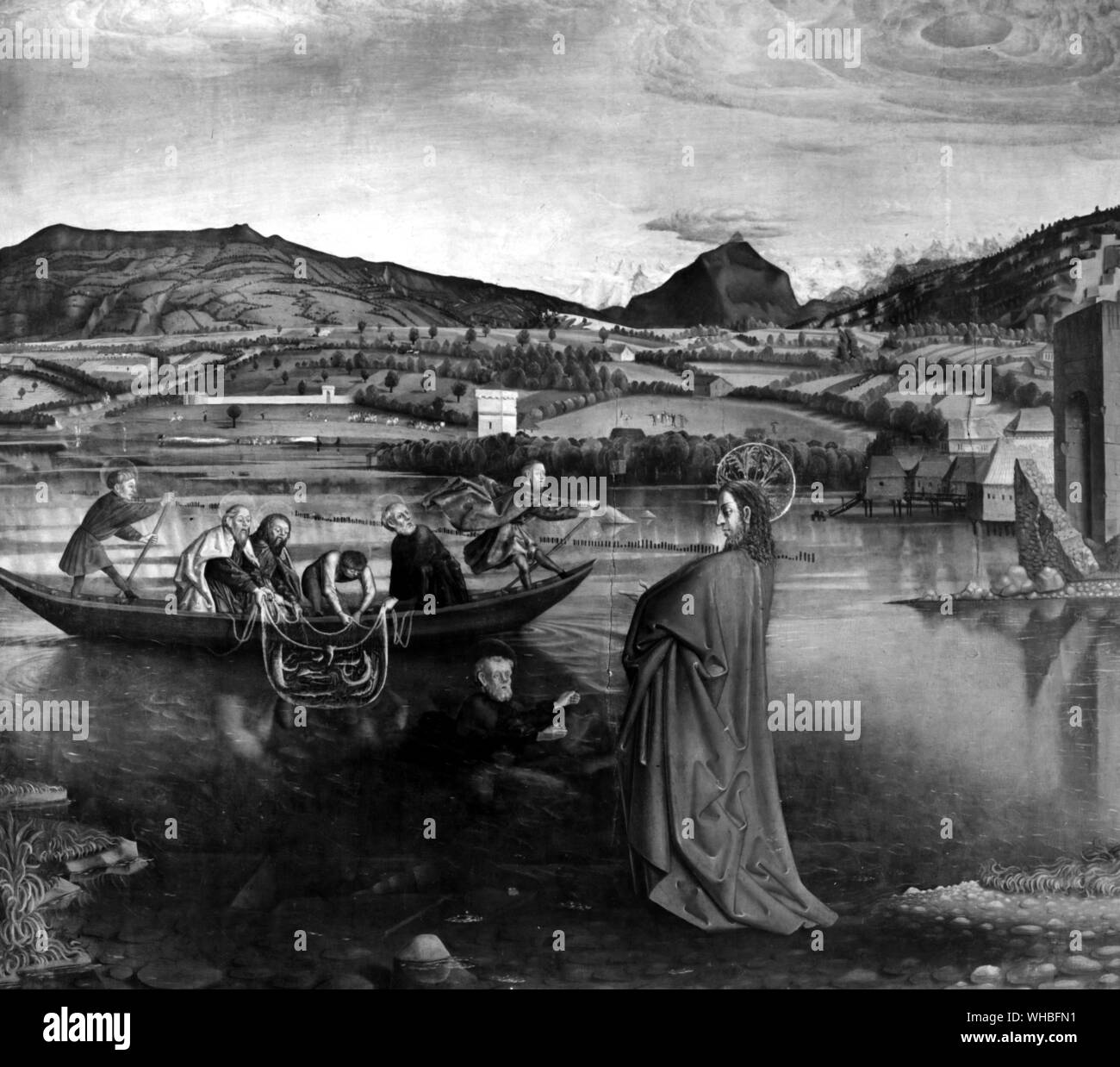 La pesca miracolosa (dettaglio) da Konrad Witz (1400/10-44/6) S. Germania 1444 - dalla pala del Cardinale Francois de Mies - al Musee d'Art et d'Histoire, Ginevra, Svizzera. Foto Stock