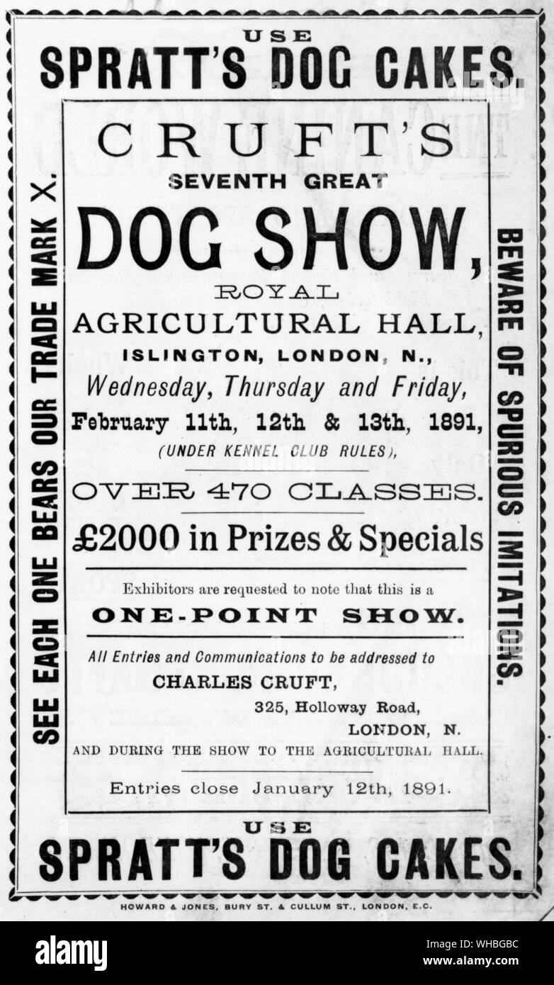 Il Crufts settimo grande Dog Show poster - Royal Agricultural Hall Islington , Lodon , in Inghilterra . . 11 - 13 febbraio 1891. Foto Stock