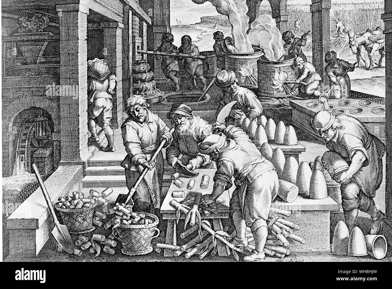Questa incisione di un sedicesimo secolo una fabbrica di zucchero da Johannes Stradamus mostra ogni fase del processo. La canna mietuta, tagliare uo e bollito giù prima di essere versata in stampi di zucchero. Foto Stock