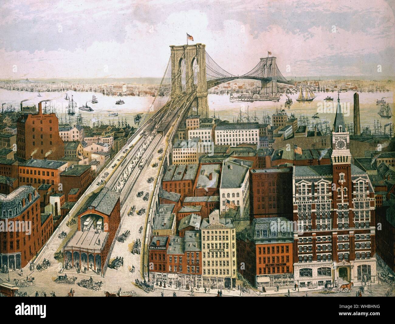 Ponte di Brooklyn , New York , 1883 : incise dai fratelli Shugg .. Museo della Città di New York . Foto Stock