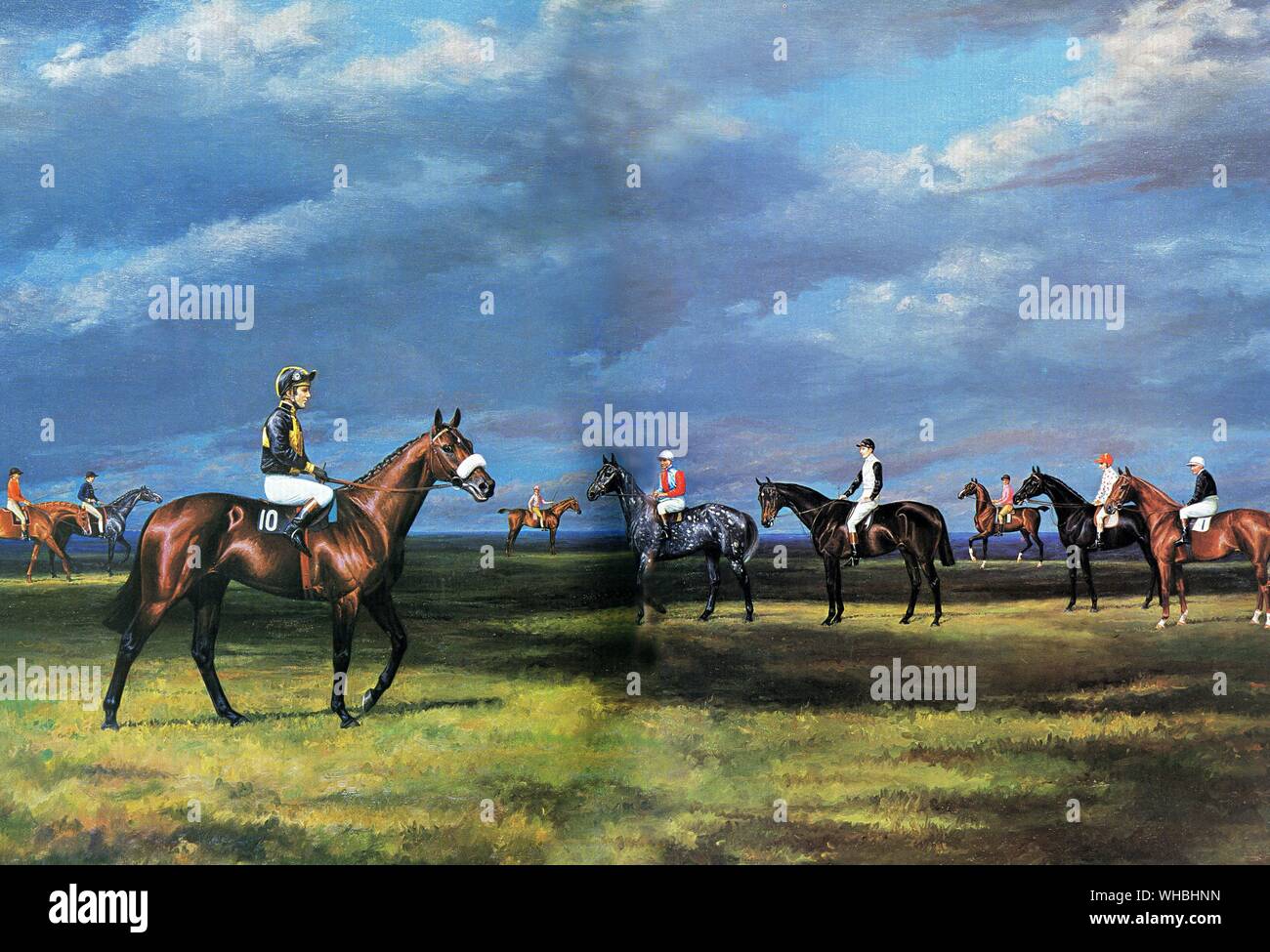 Pittura - Gli immortali del manto erboso. Campione delle corse ippiche Mill Reef è visto il terzo da sinistra con jockey Geoff Lewis fino ( n. 10) . Mill Reef è raffigurato tra i suoi antenati . . Essi sono da sinistra , Eclipse , Gimcrack , Diomed , il tetrarca , St Simon , Flying Childers , Voltigeur e Hyperion Foto Stock