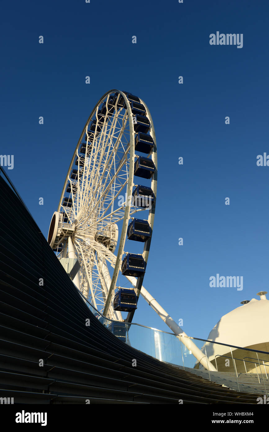 Farris ruota nel centro di Chicago, Illinois con il blu del cielo Foto Stock