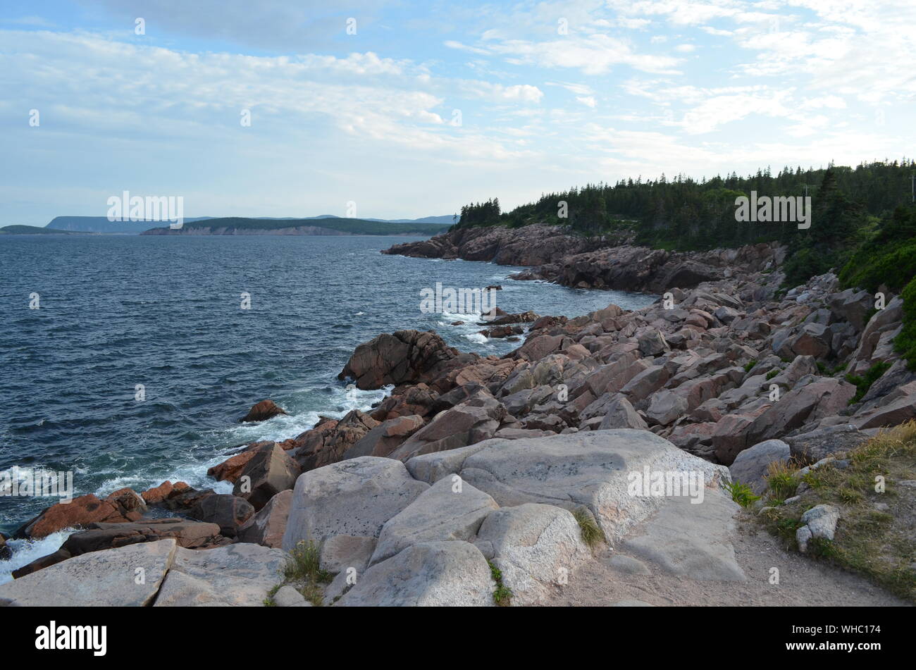 Summertime in Nova Scotia: costa rocciosa di Cape Breton Island vicino Ingonish Foto Stock