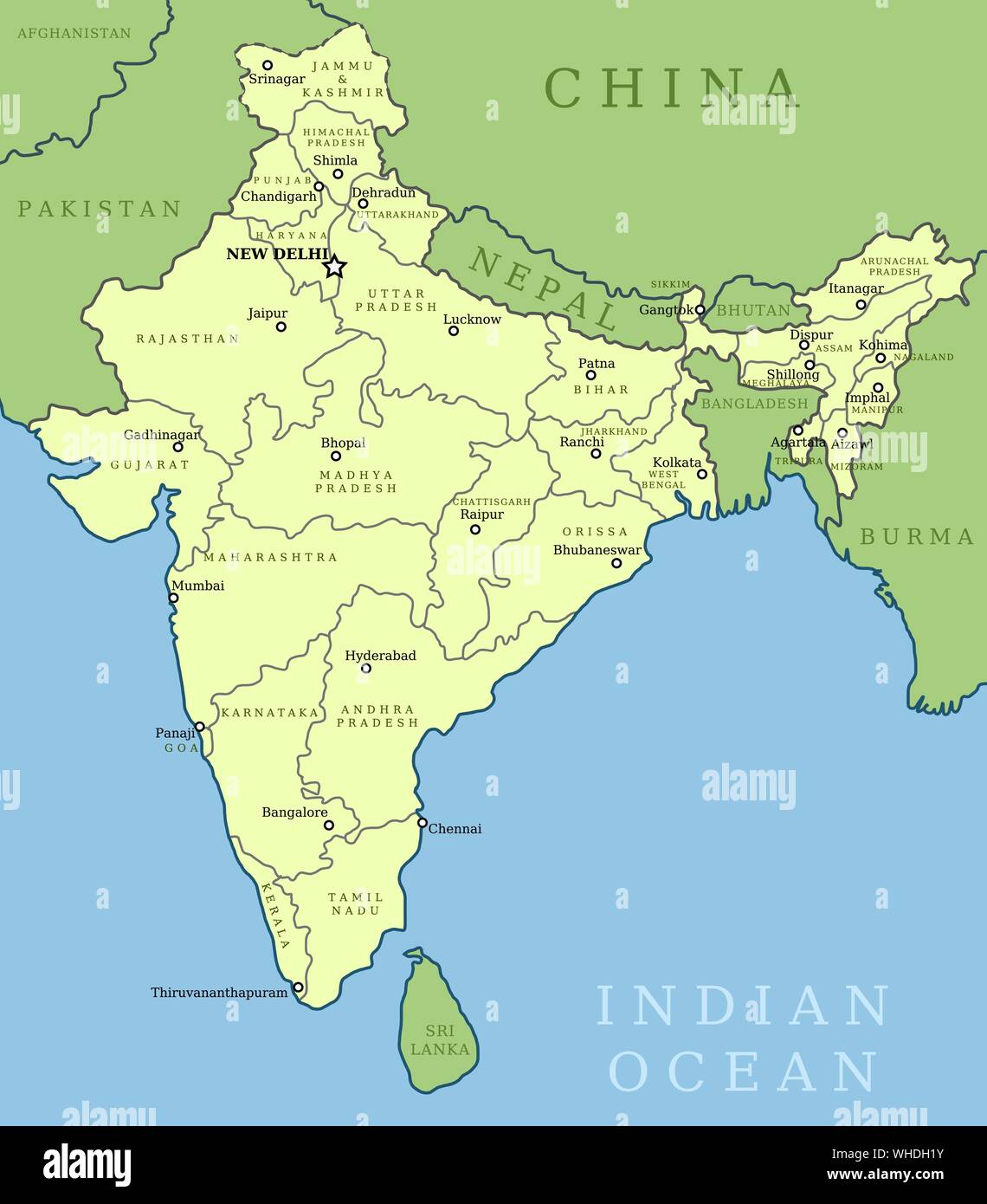 Mappa di India. Profilo illustrazione mappa del paese con i nomi degli stati e i loro capitali. Illustrazione Vettoriale