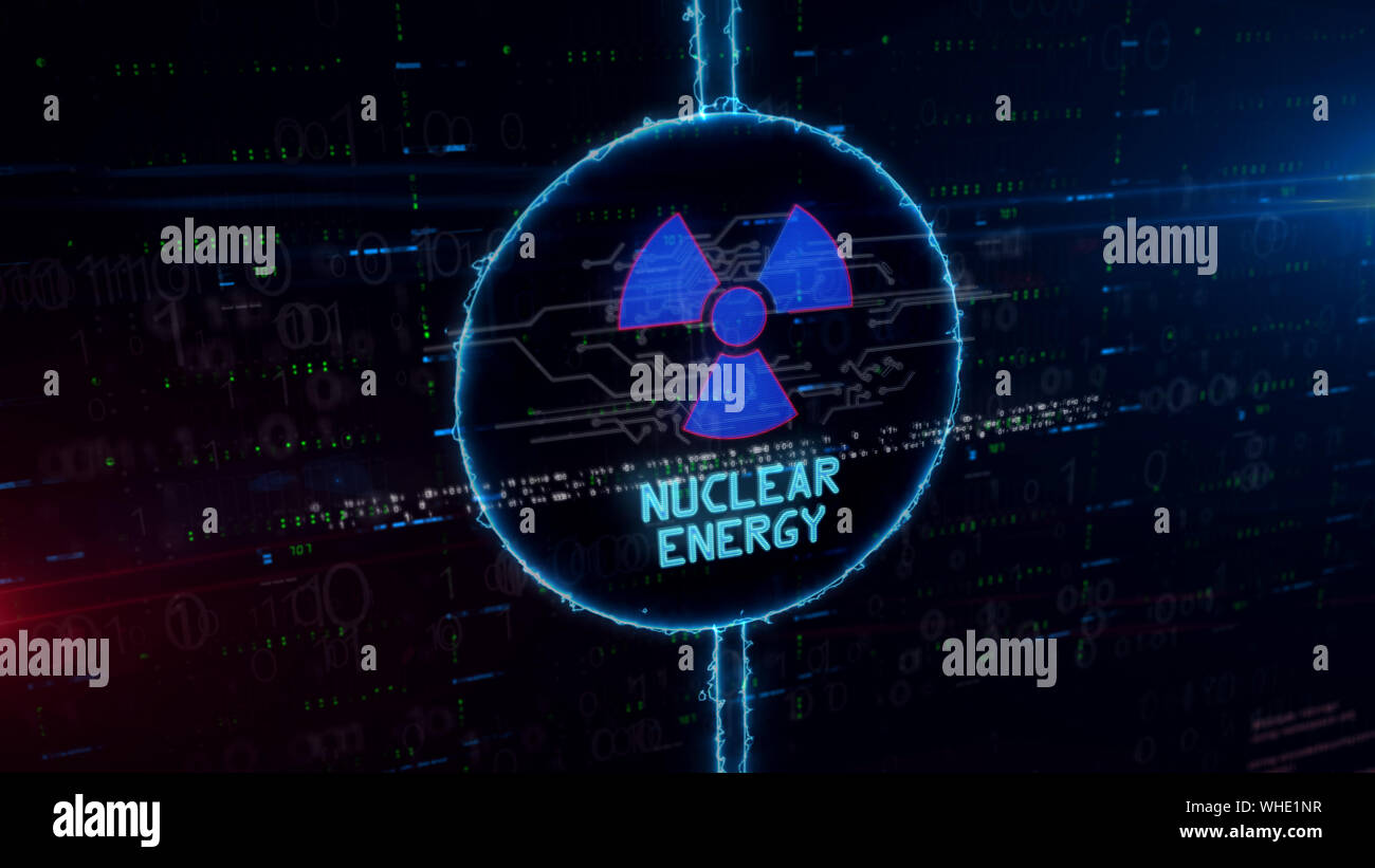 Energia nucleare ologramma di simbolo in elettrico dinamico cerchio sullo sfondo digitale. Un concetto moderno della scienza, icona di pericolo e di avvertenza con la luce e gli Foto Stock