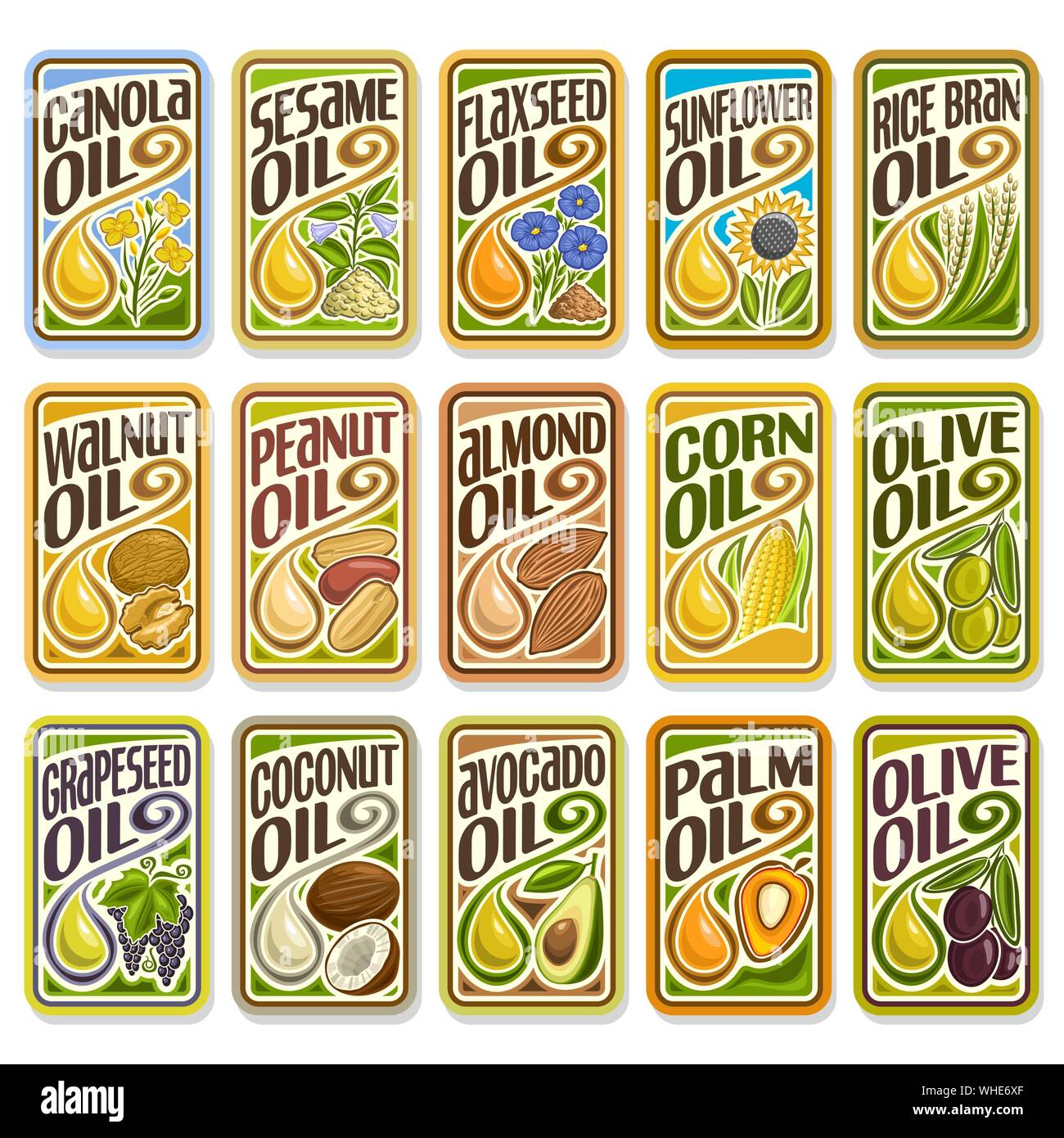 Vector set di etichette per olio di cottura, raccolta di loghi per la cottura e oli di frittura. Illustrazione Vettoriale