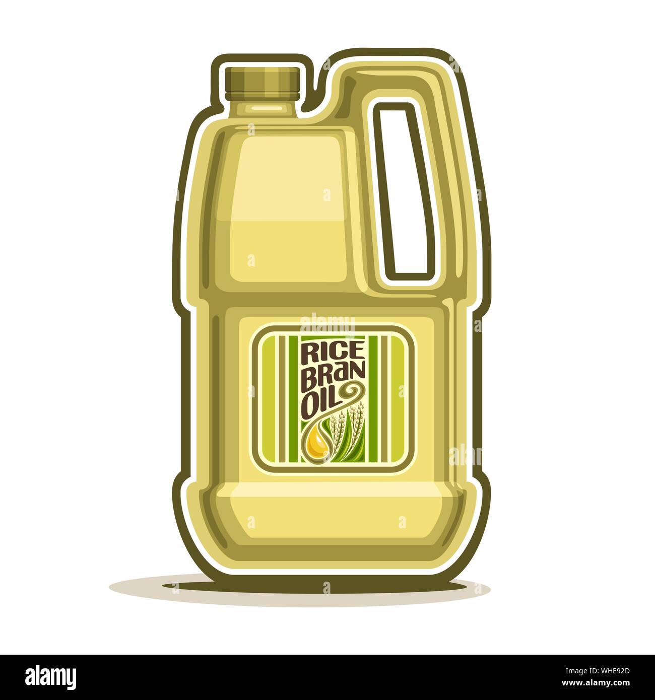 Vettore grande giallo Bottiglia in plastica con olio di crusca di riso e etichetta, gallone canister riempito puro olio di cottura, cartoon contenitore di grandi dimensioni con liquido viscoso wi Illustrazione Vettoriale