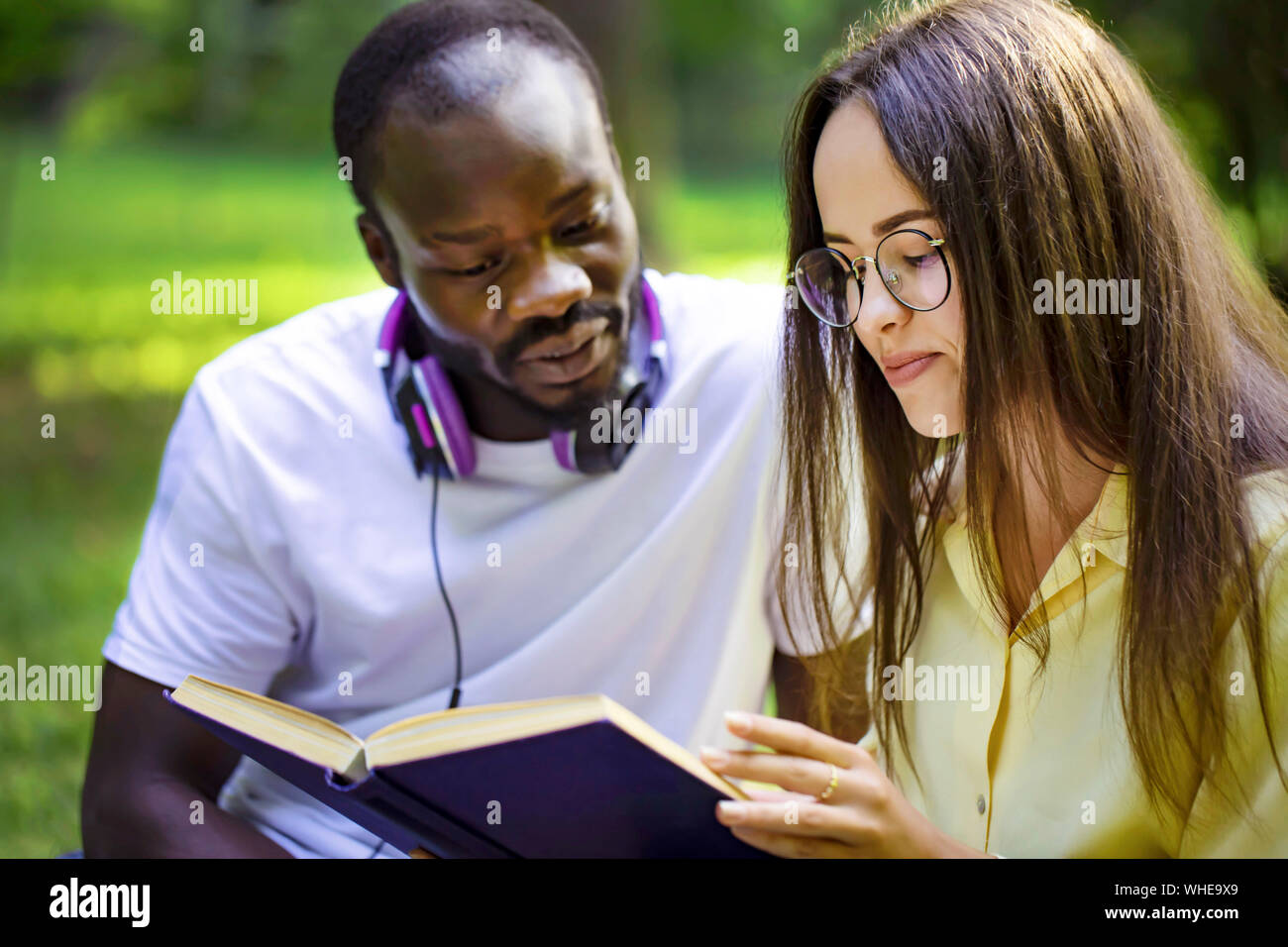 Gli studenti multiculturale studiando insieme nel soleggiato parco del campus Foto Stock