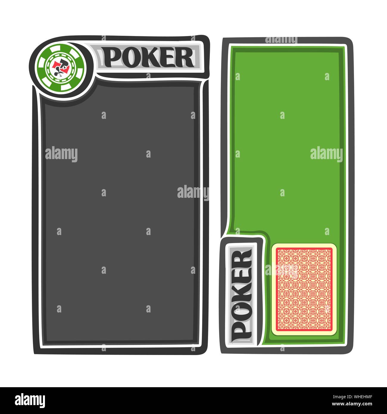 Banner di vettore per il Poker, rosso mazzo di carte da gioco per il gioco d'azzardo e copia di spazio per il testo. Illustrazione Vettoriale