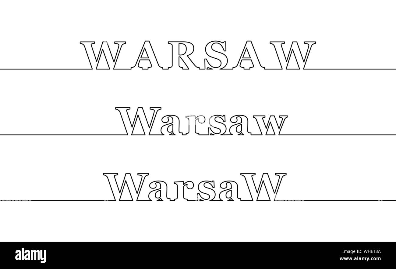 Varsavia. Il nome della capitale della Polonia nella forma di una linea di contorno. Le lettere maiuscole e minuscole Illustrazione Vettoriale