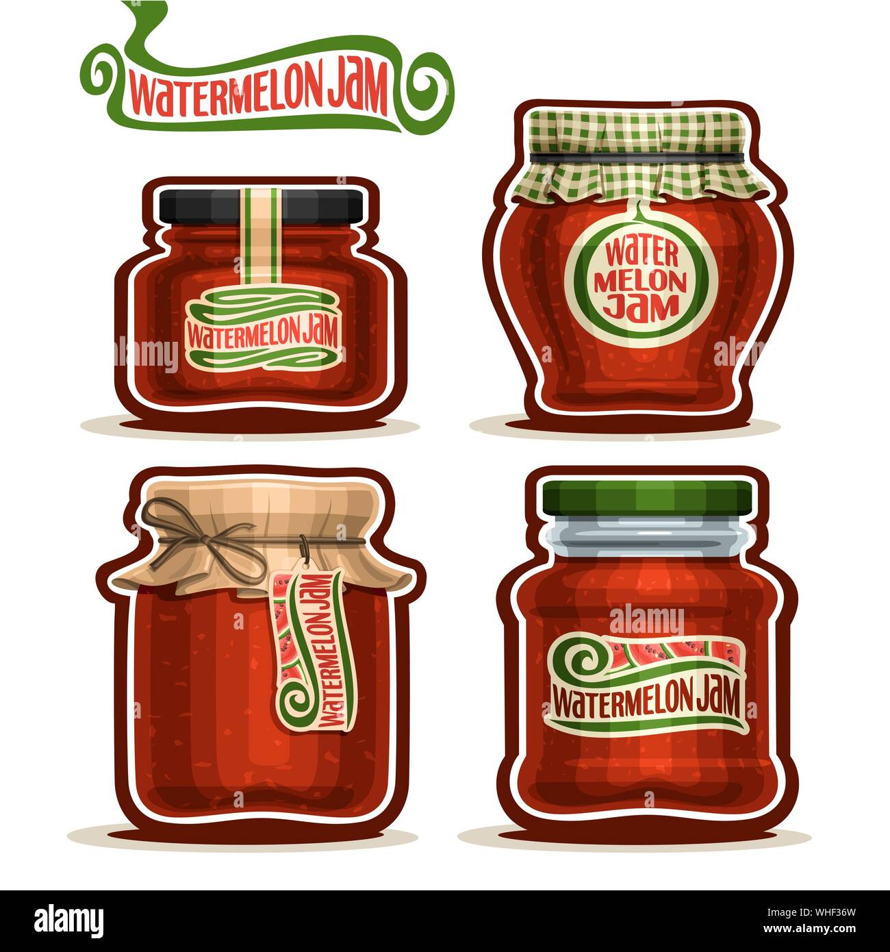 Set di vettore di marmellata di anguria in vasi con coperchio carta coperchio, isolato su bianco Illustrazione Vettoriale